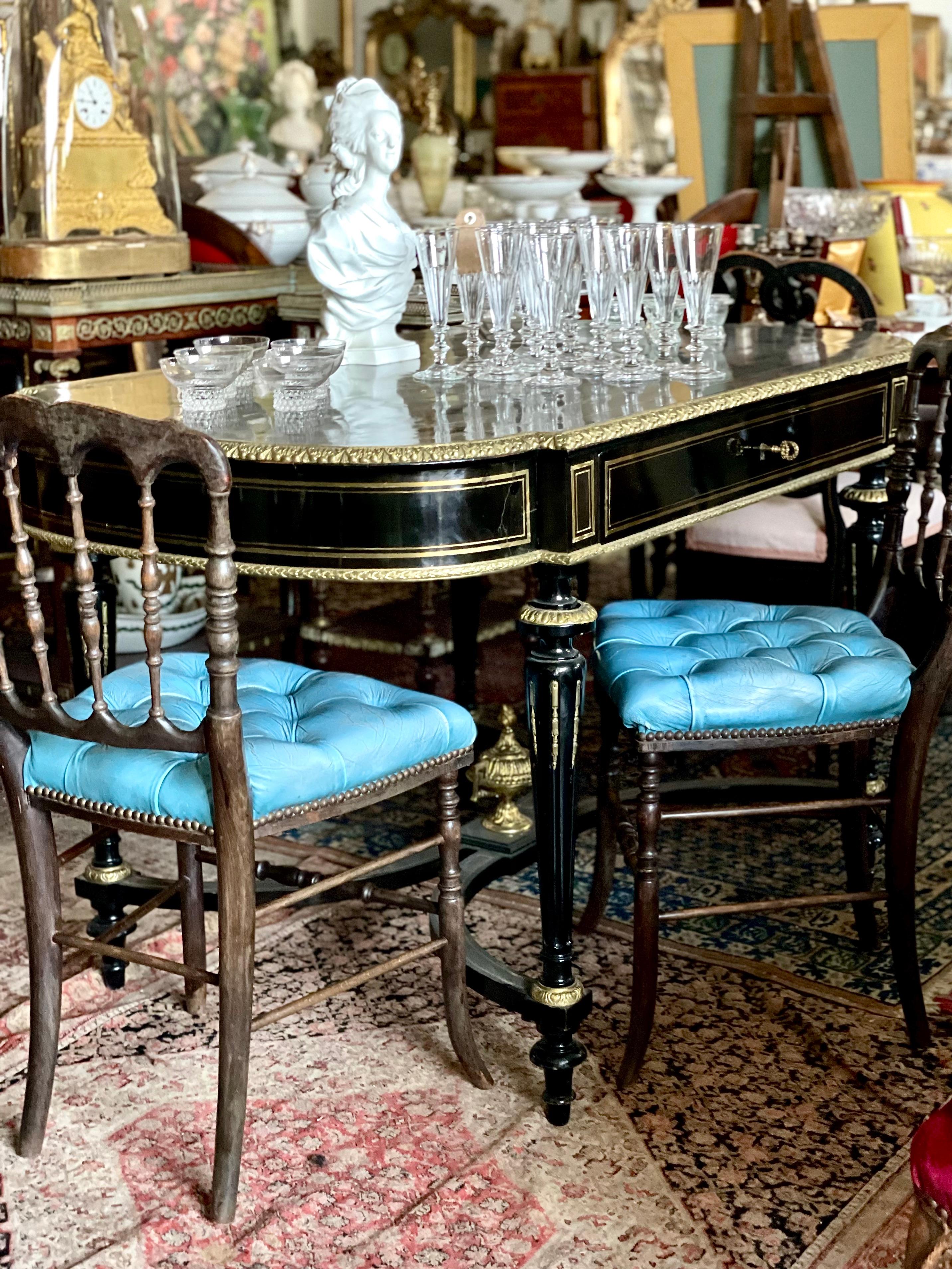 Pair of Napoleon III Side Chairs with Blue Leather Upholstery For Sale 5