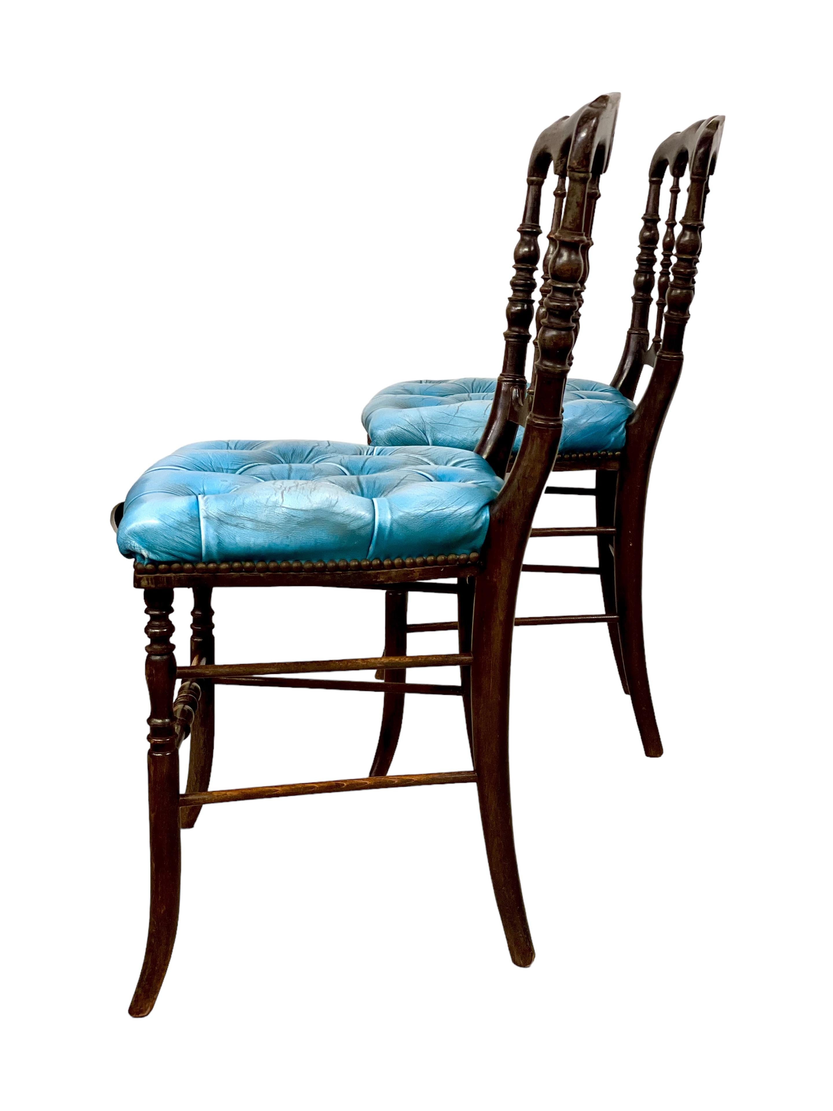 French Pair of Napoleon III Side Chairs with Blue Leather Upholstery For Sale