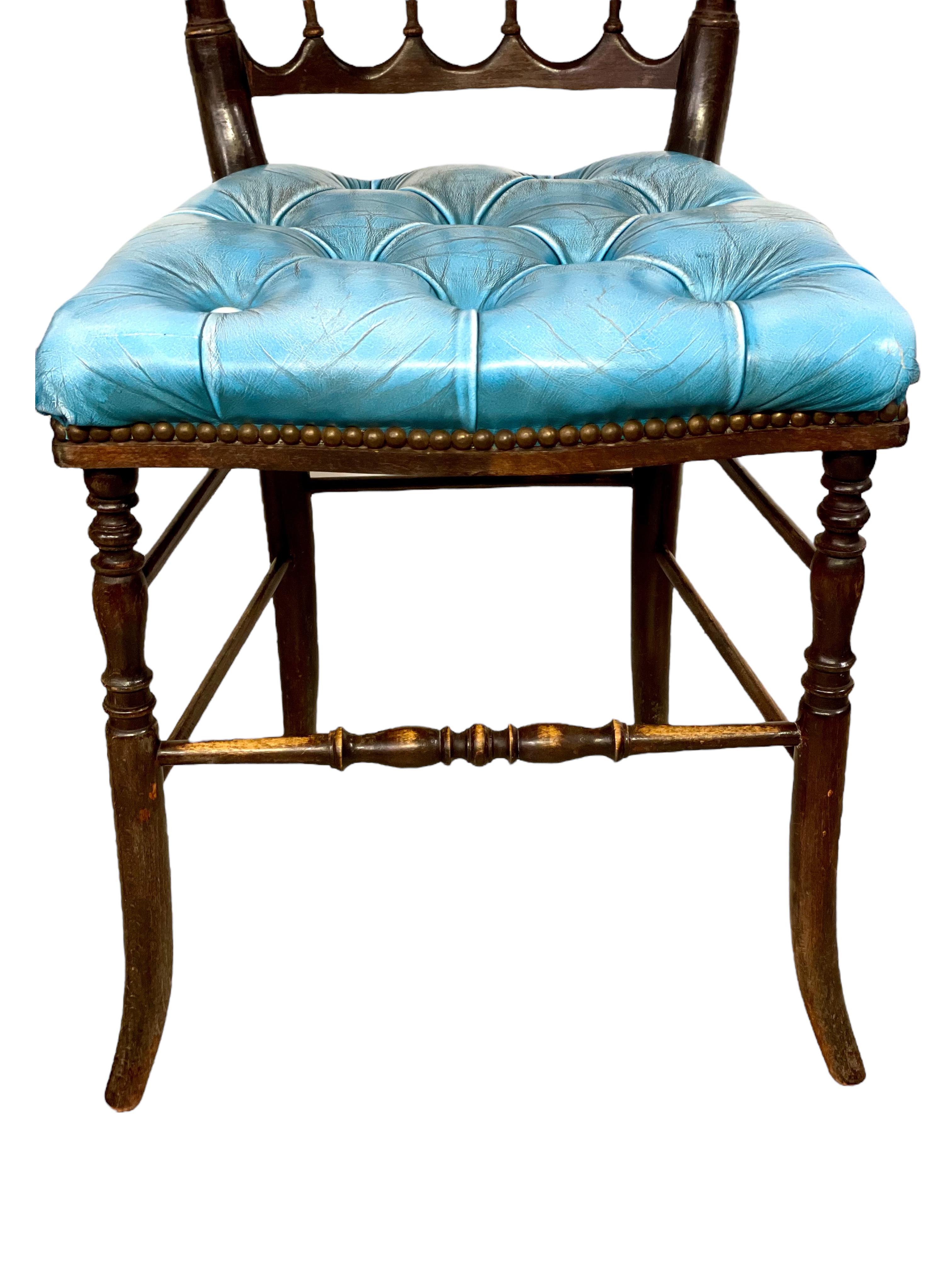 Ebonized Pair of Napoleon III Side Chairs with Blue Leather Upholstery For Sale