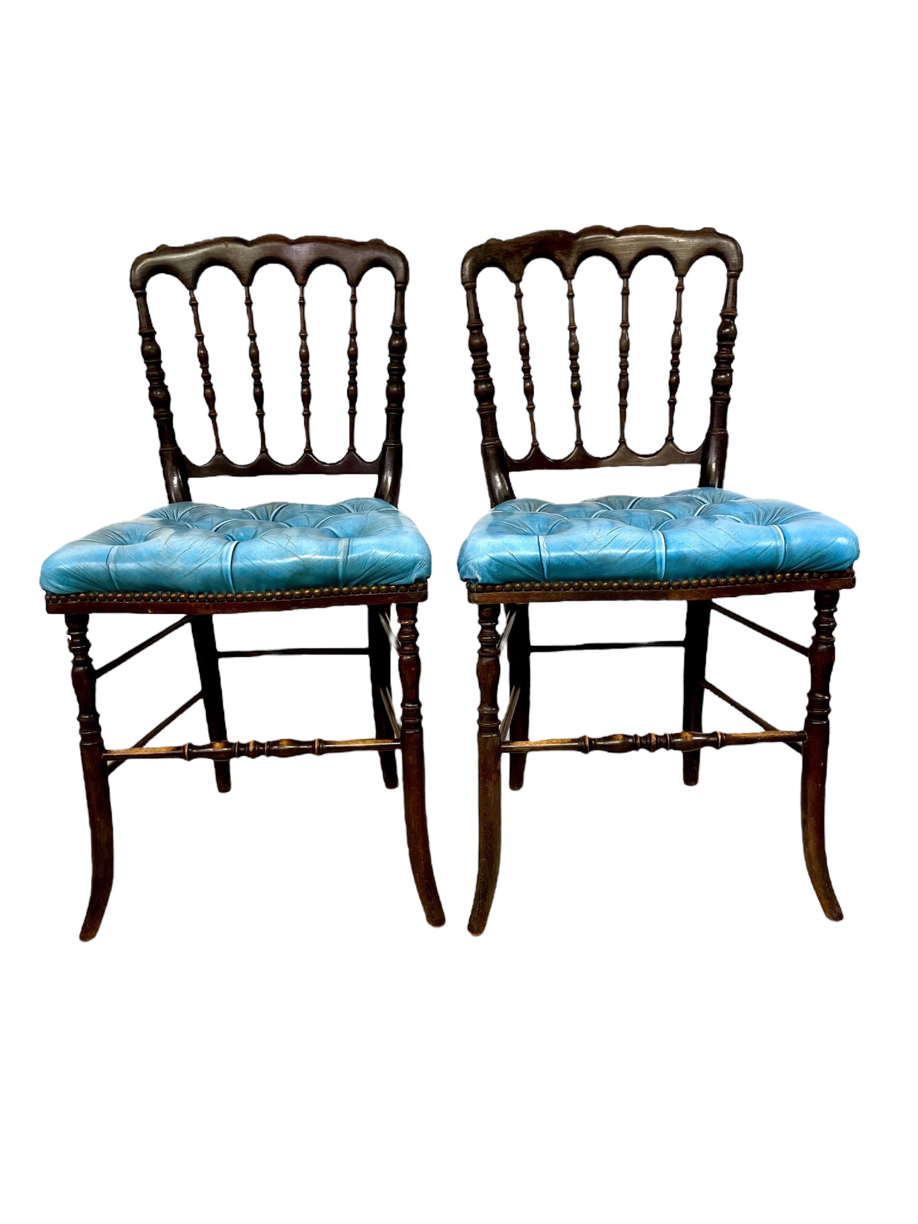 19th Century Pair of Napoleon III Side Chairs with Blue Leather Upholstery For Sale