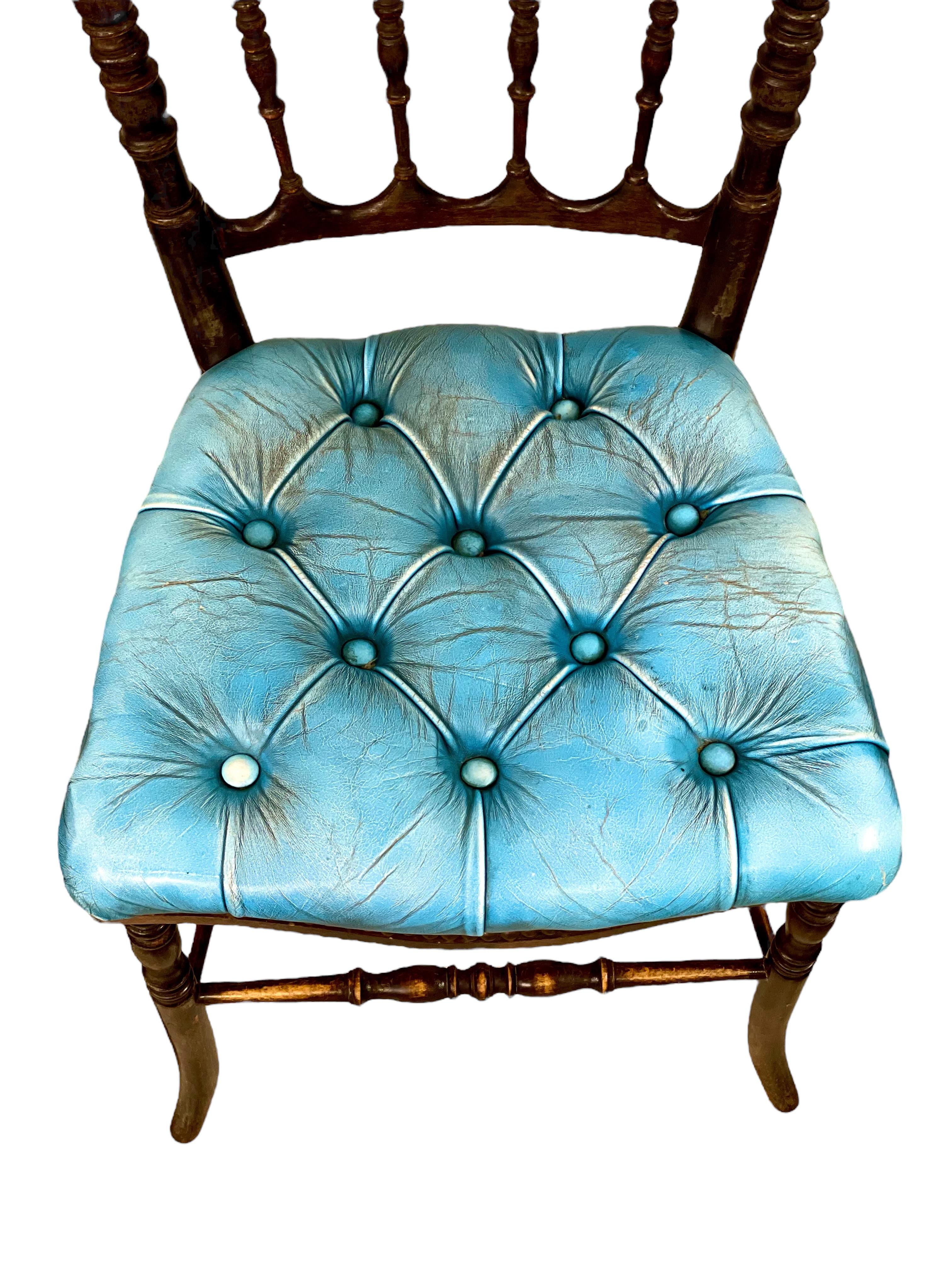 Pair of Napoleon III Side Chairs with Blue Leather Upholstery For Sale 1