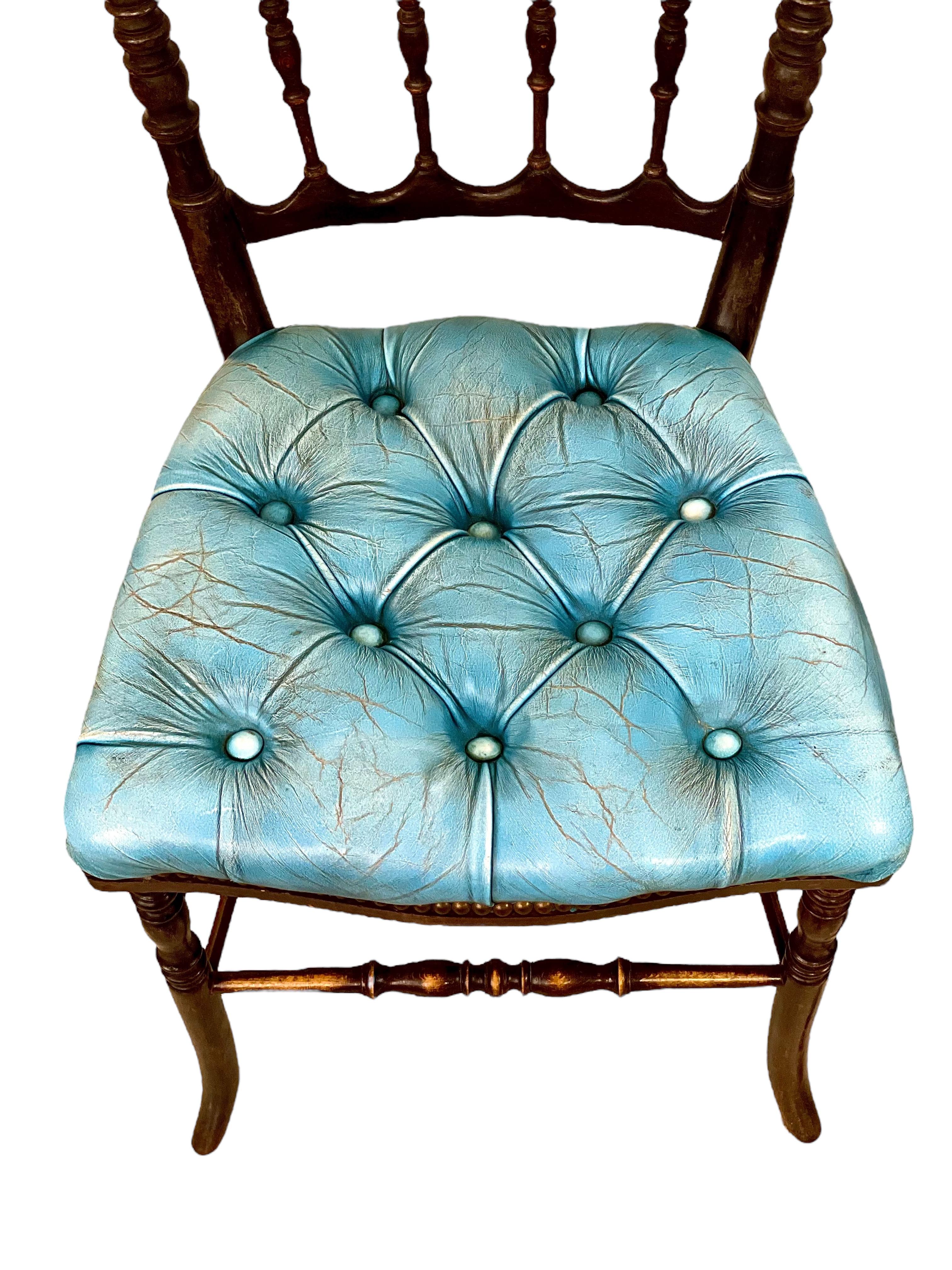 Pair of Napoleon III Side Chairs with Blue Leather Upholstery For Sale 2