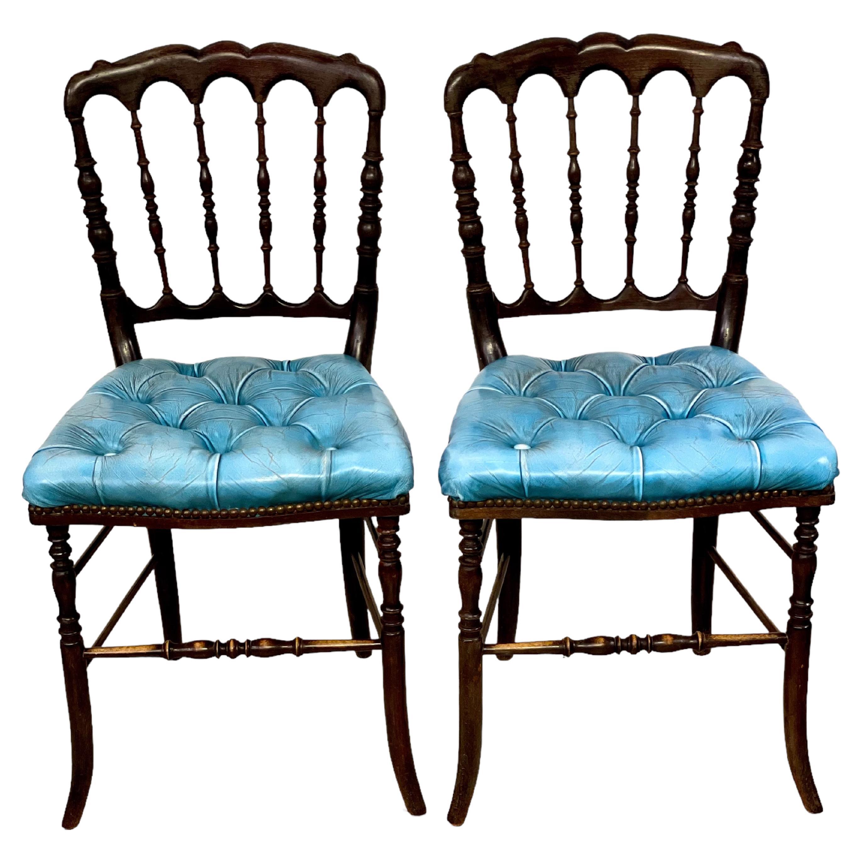 Pair of Napoleon III Side Chairs with Blue Leather Upholstery For Sale