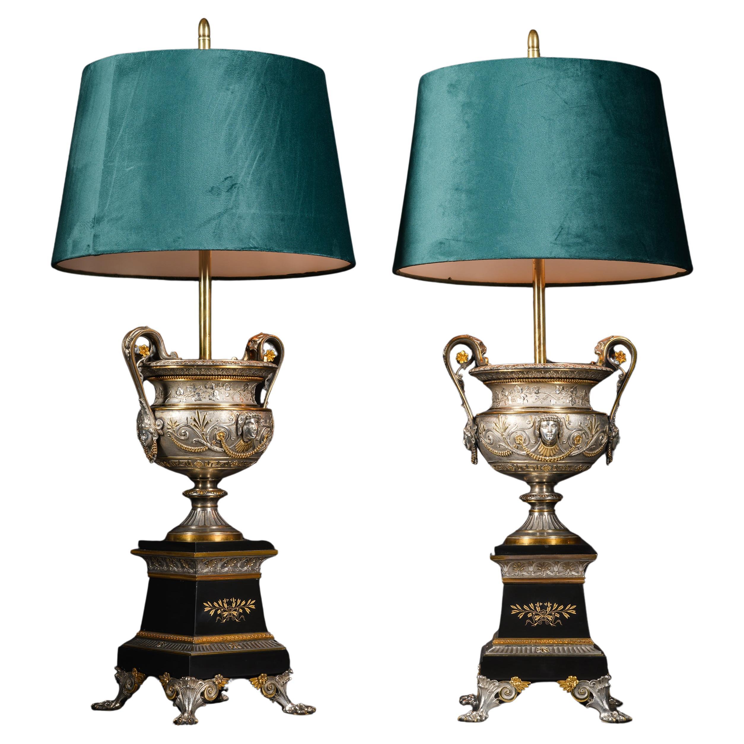 Pair of Napoleon III Silvered and Gilt-Bronze Urns Mounted as Lamps en venta