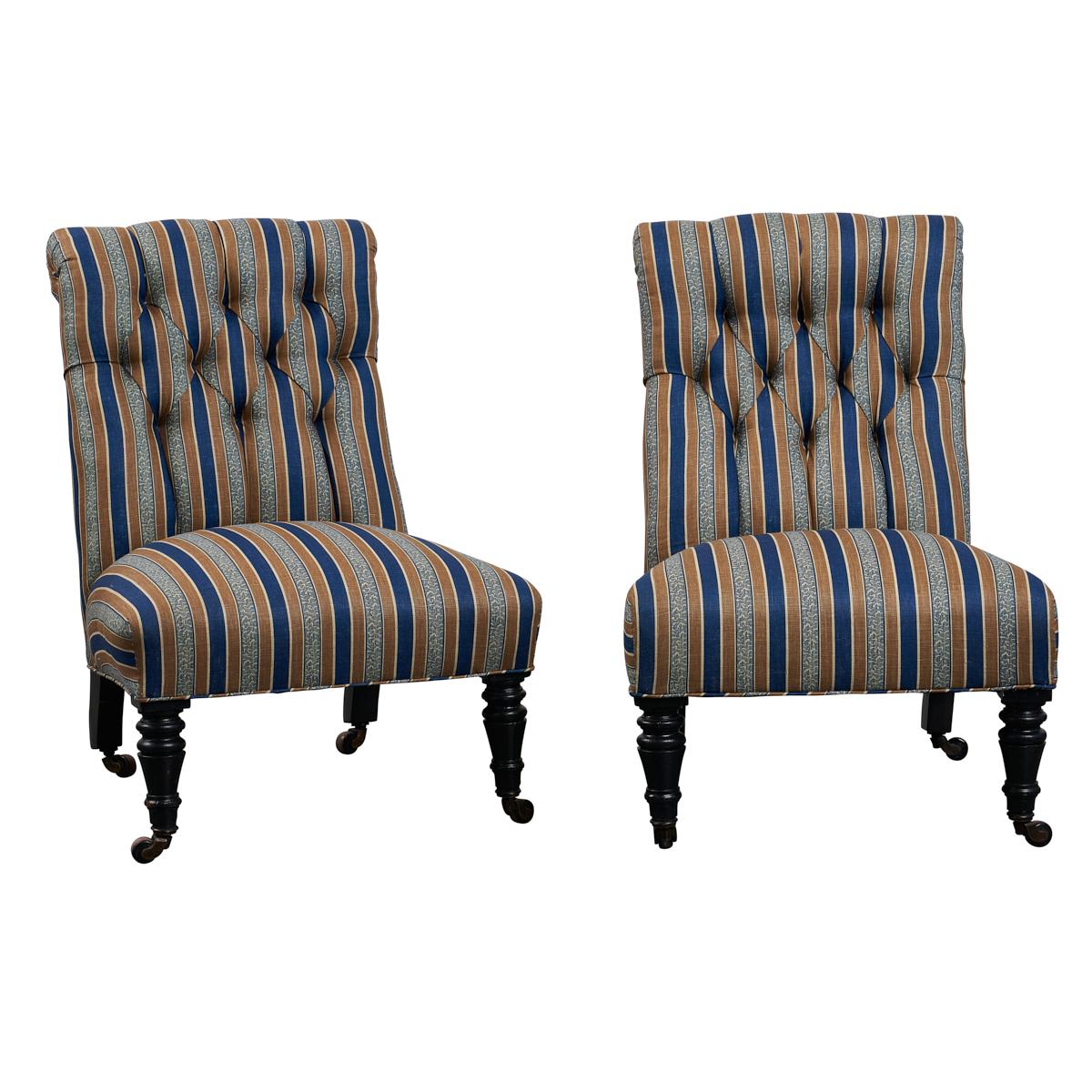 Pair of Napoleon III Slipper Chairs, 1830s, France, Newly Reupholstered Fabric For Sale
