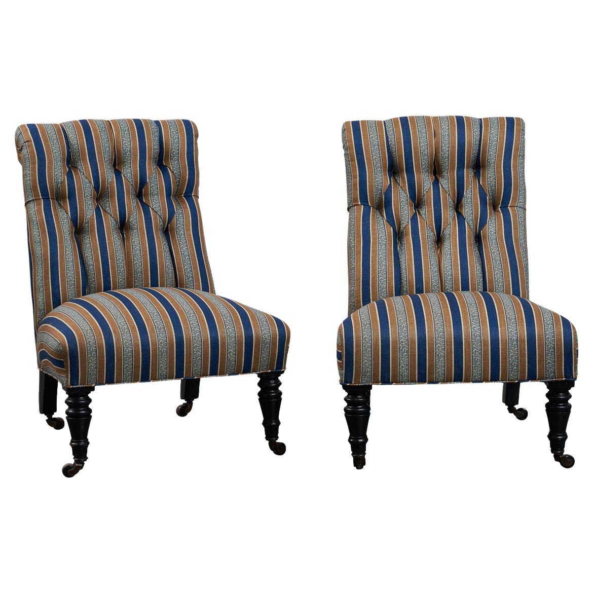 Pair of Napoleon III Slipper Chairs, 1830s, France, Reupholstered in Schumacher 