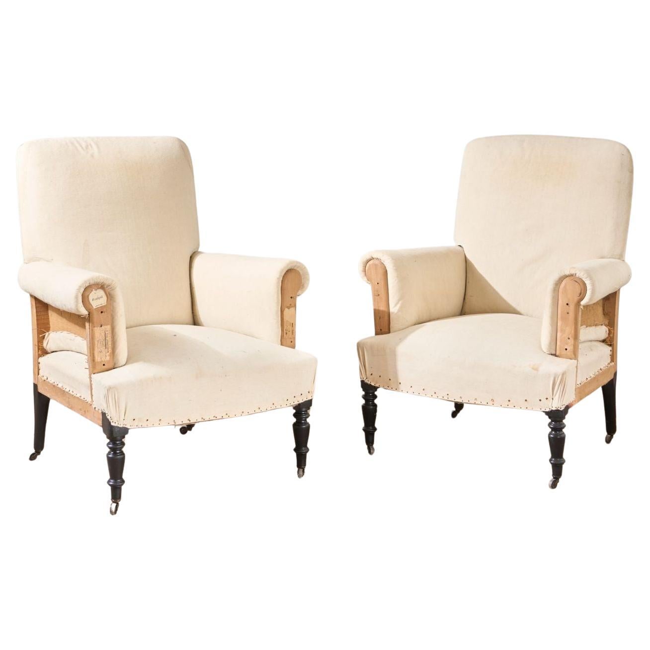 Pair of Napoleon III square back armchairs on tall legs