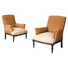 Antique Pair of Napoleon III Square back armchairs with carved ebonised frame