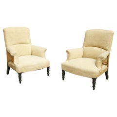 Pair of Napoleon III Square Backed Armchairs, Soft