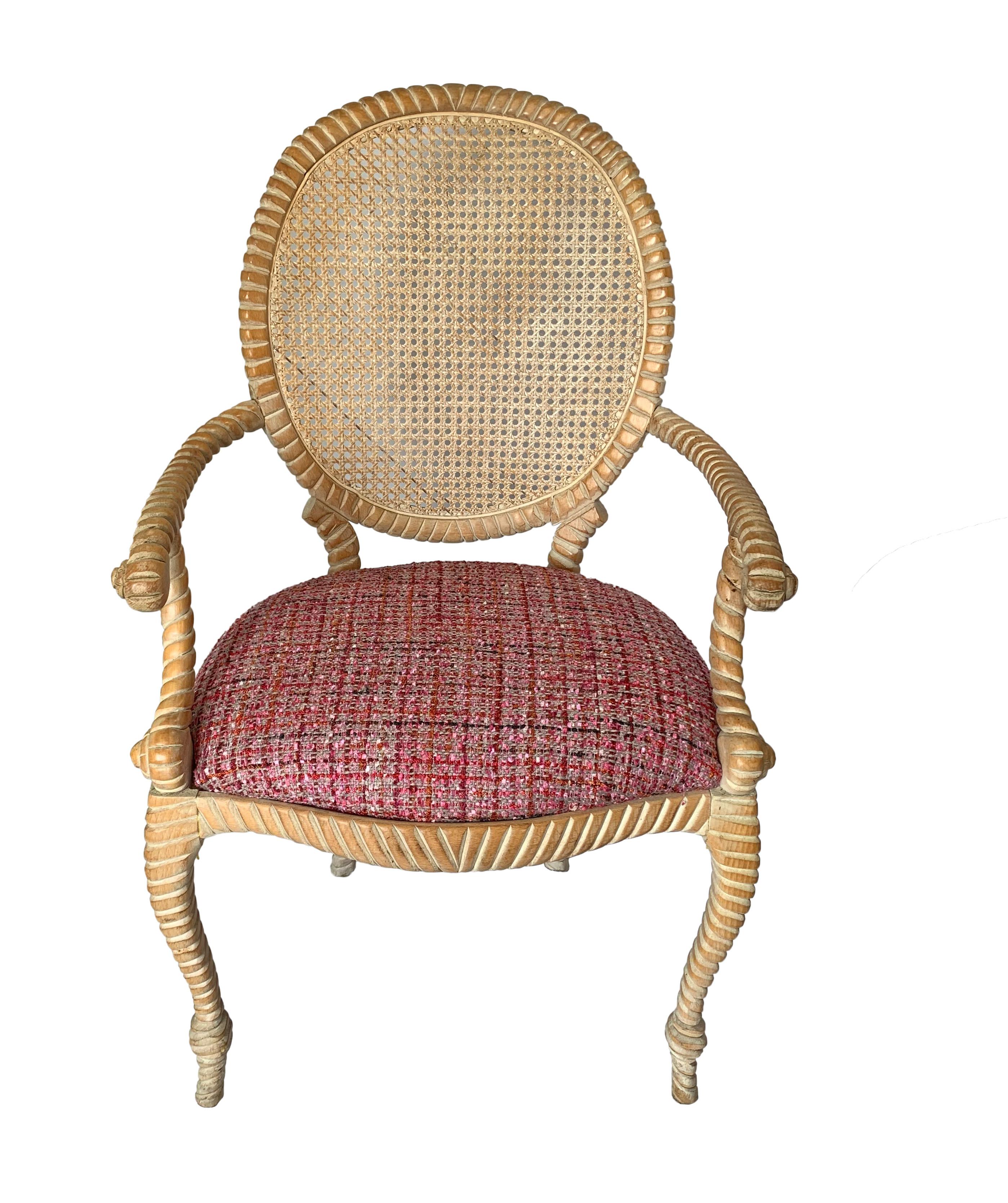 Pair of Napoleon III style classic rope chairs with caned backs from 1960s. Few pieces of furniture can claim to have origins as diverse as the Classic rope chair. Created by the Parisian upholsterer A.M.E. Fournier in 1860s, his exceptionally