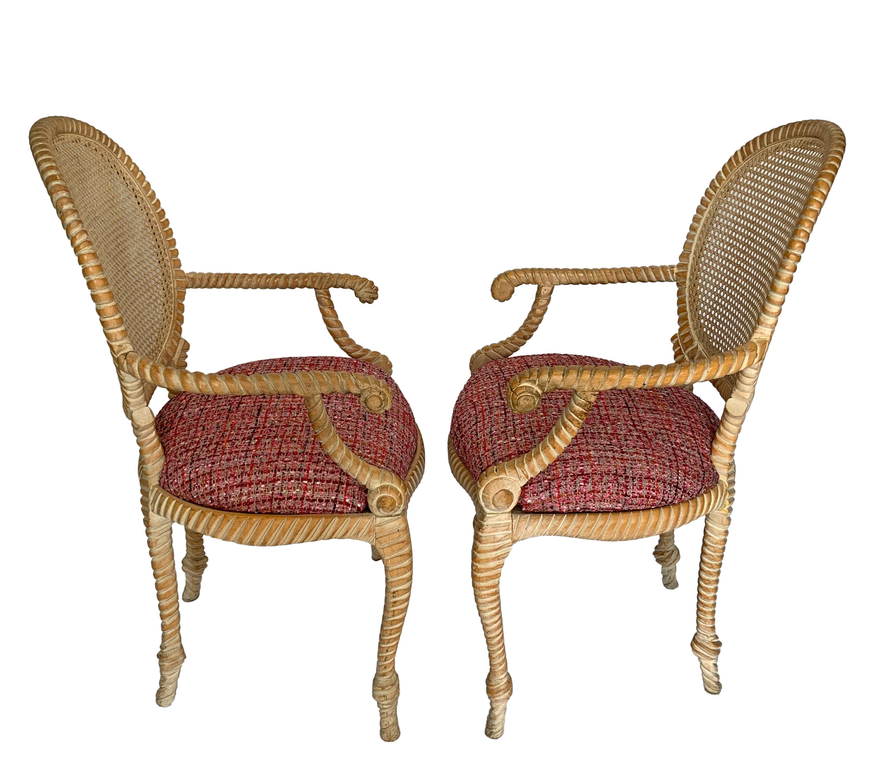 American Pair of Napoleon III Style Classic Rope Chairs with Caned Backs from 1960s For Sale