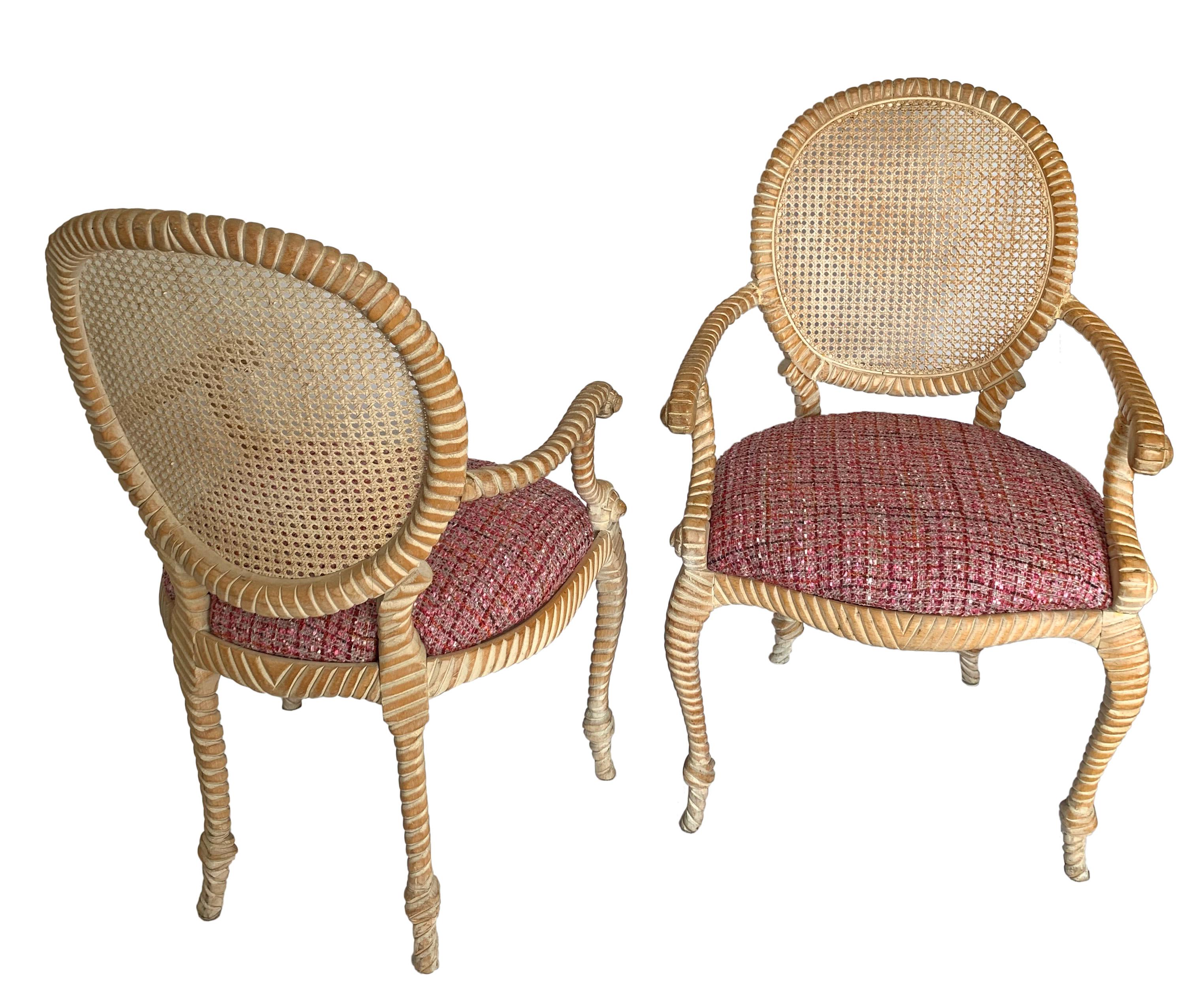 Pair of Napoleon III Style Classic Rope Chairs with Caned Backs from 1960s In Good Condition For Sale In San Antonio, TX