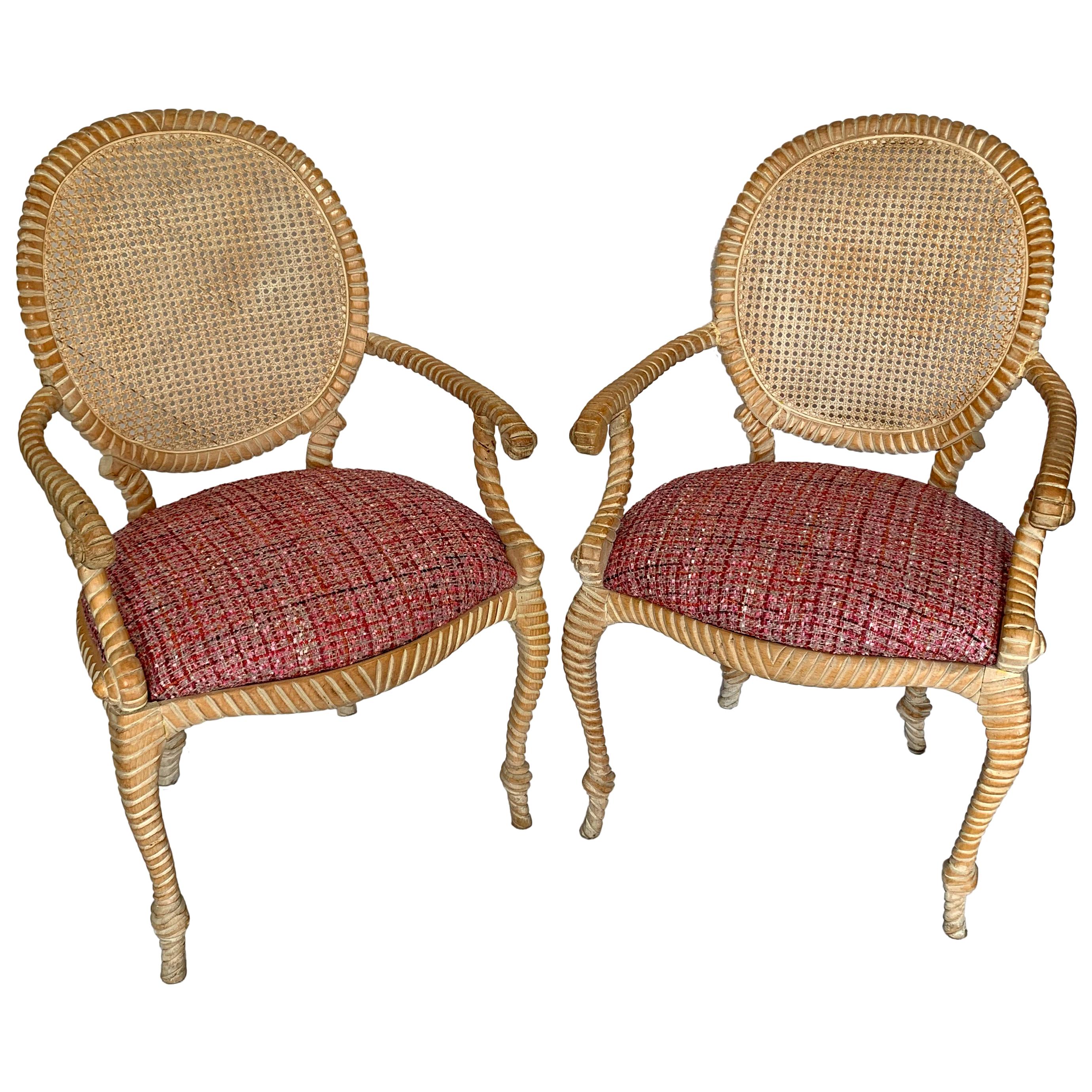 Pair of Napoleon III Style Classic Rope Chairs with Caned Backs from 1960s For Sale
