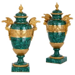 Pair of Napoleon III Style Gilt Bronze and Malachite Vases