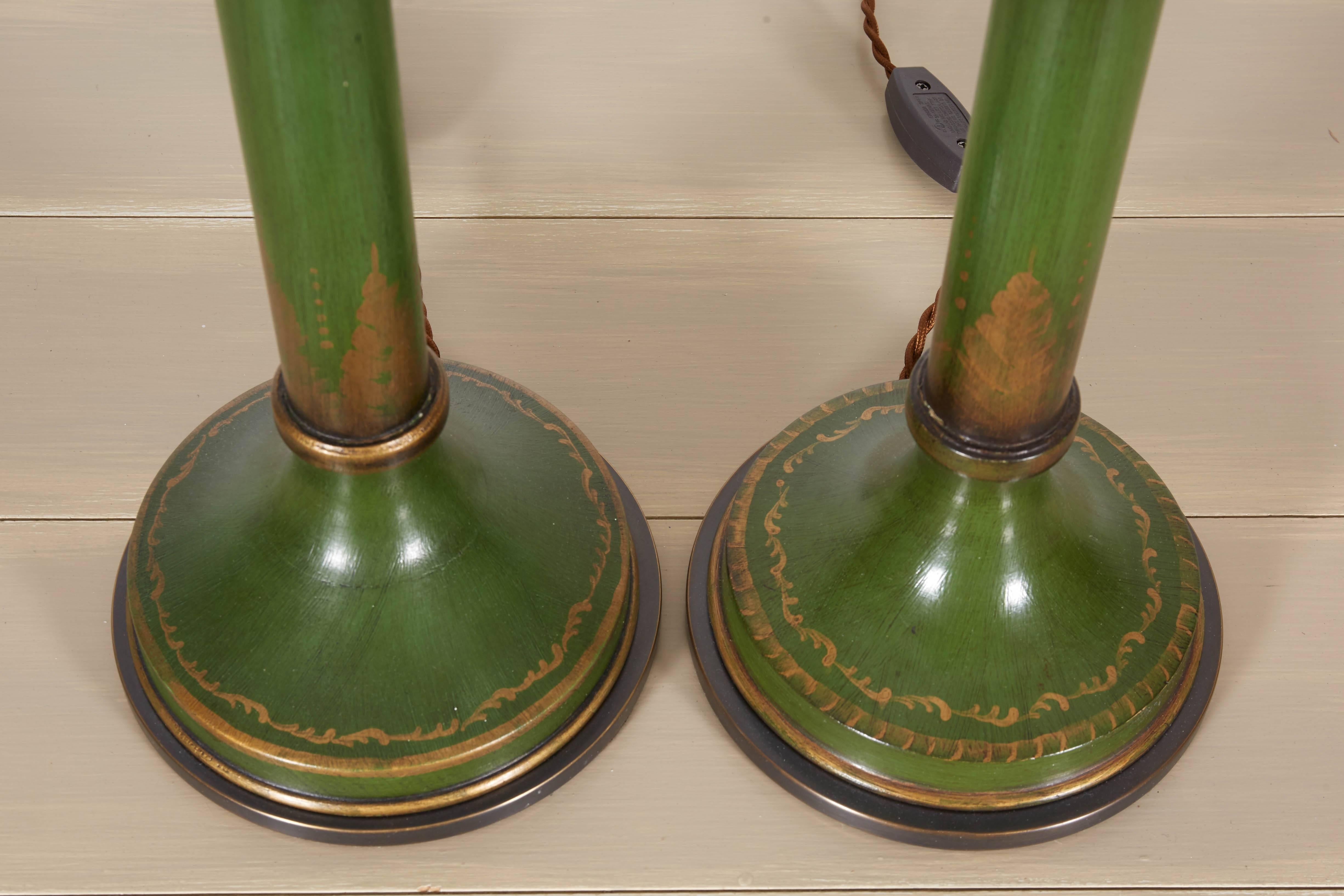 Pair of Napoleon III Style Green Faux Bamboo Tole Candlestick Table Lamps In Excellent Condition In New York, NY