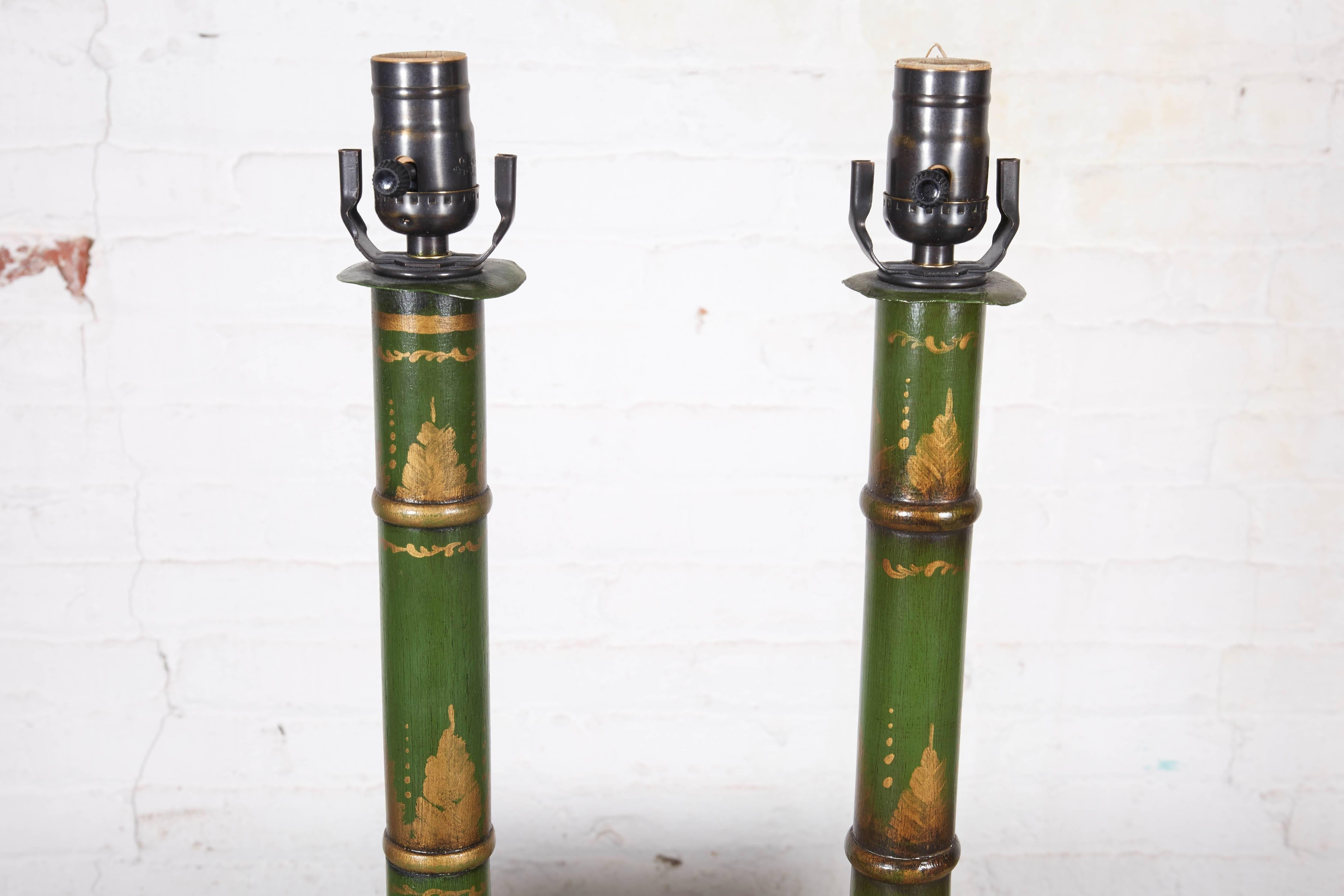 20th Century Pair of Napoleon III Style Green Faux Bamboo Tole Candlestick Table Lamps