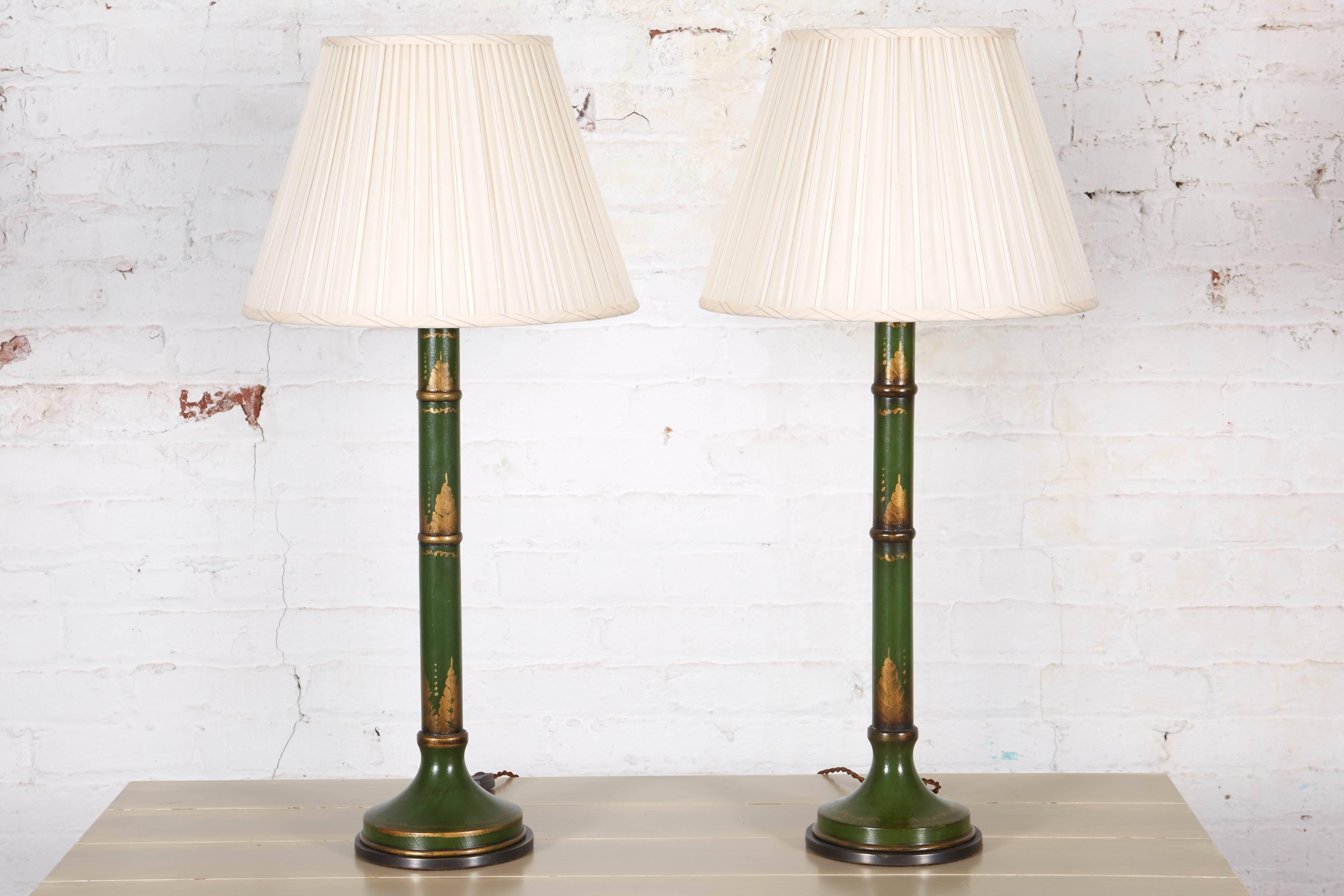 Tôle Pair of Napoleon III Style Green Faux Bamboo Tole Candlestick Table Lamps