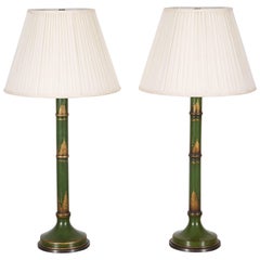Pair of Napoleon III Style Green Faux Bamboo Tole Candlestick Table Lamps