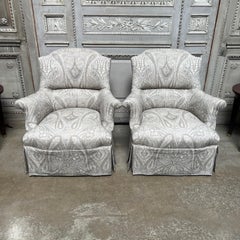 Pair of Napoleon III Style Upholstered Lounge Chairs in Gray Paisley Fabric