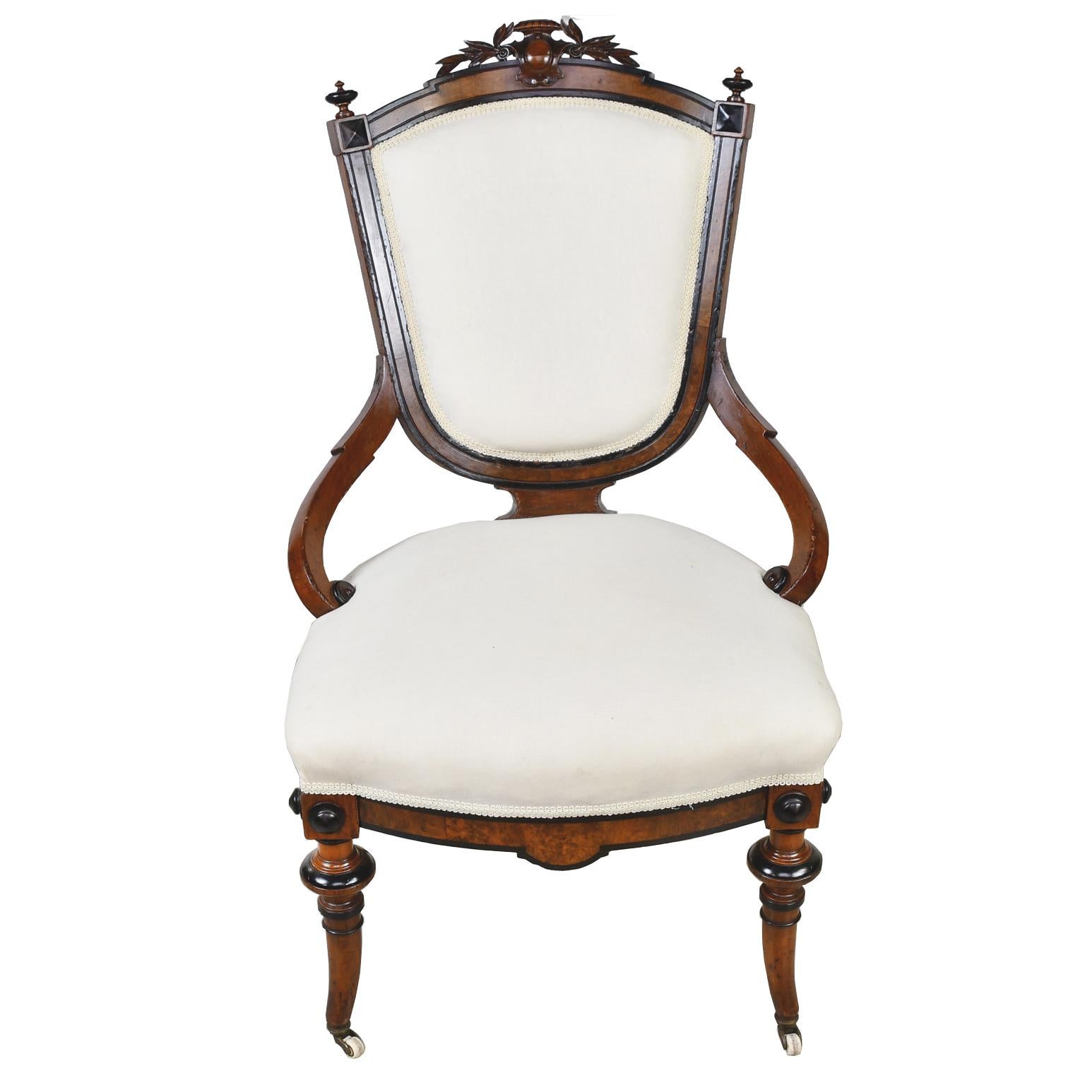 French Pair of Napoleon III Upholstered Armchairs in Ebonized & Burl Walnut, circa 1870 For Sale