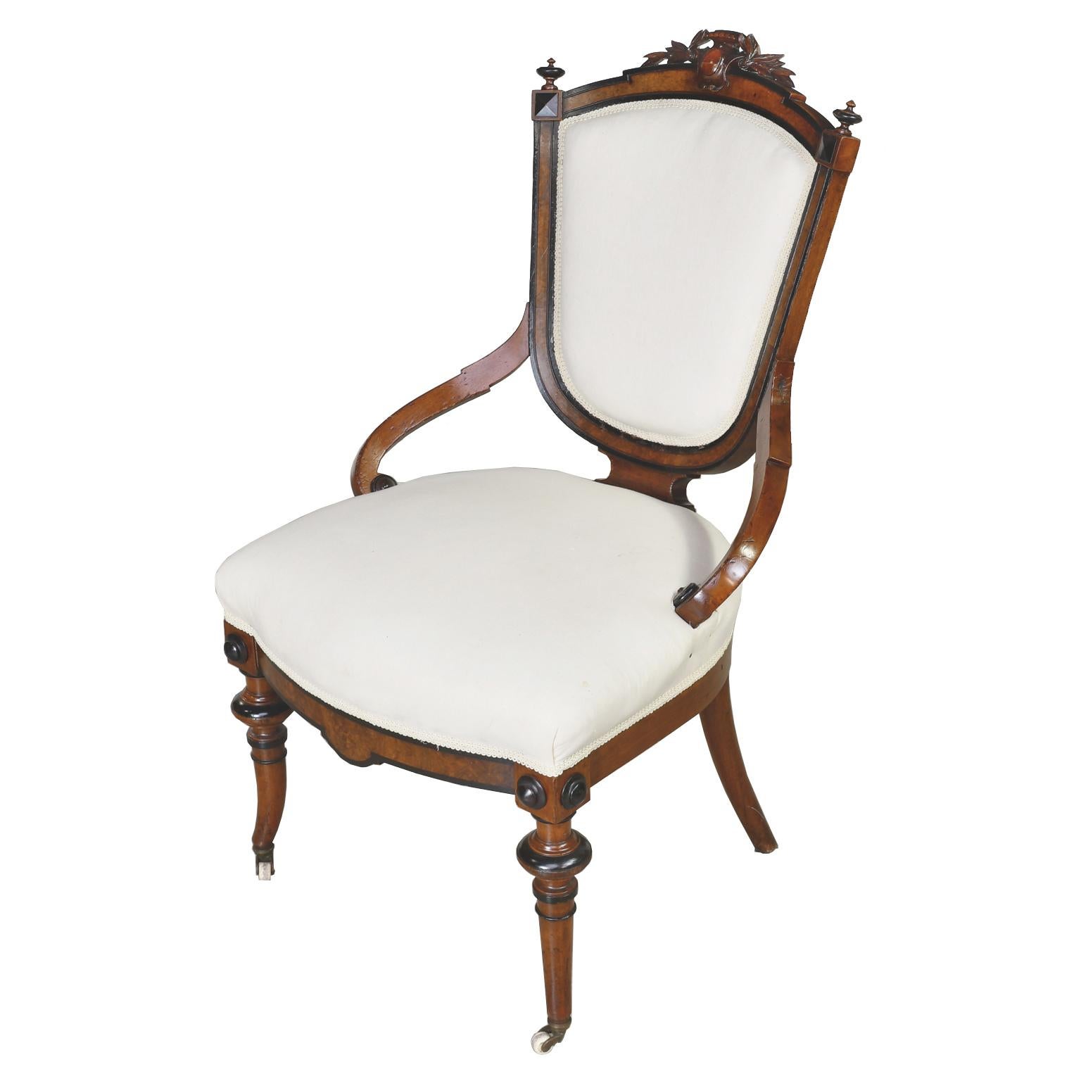 Pair of Napoleon III Upholstered Armchairs in Ebonized & Burl Walnut, circa 1870 For Sale 1