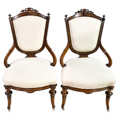 Antique Pair of Napoleon III Upholstered Armchairs in Ebonized & Burl Walnut, circa 1870
