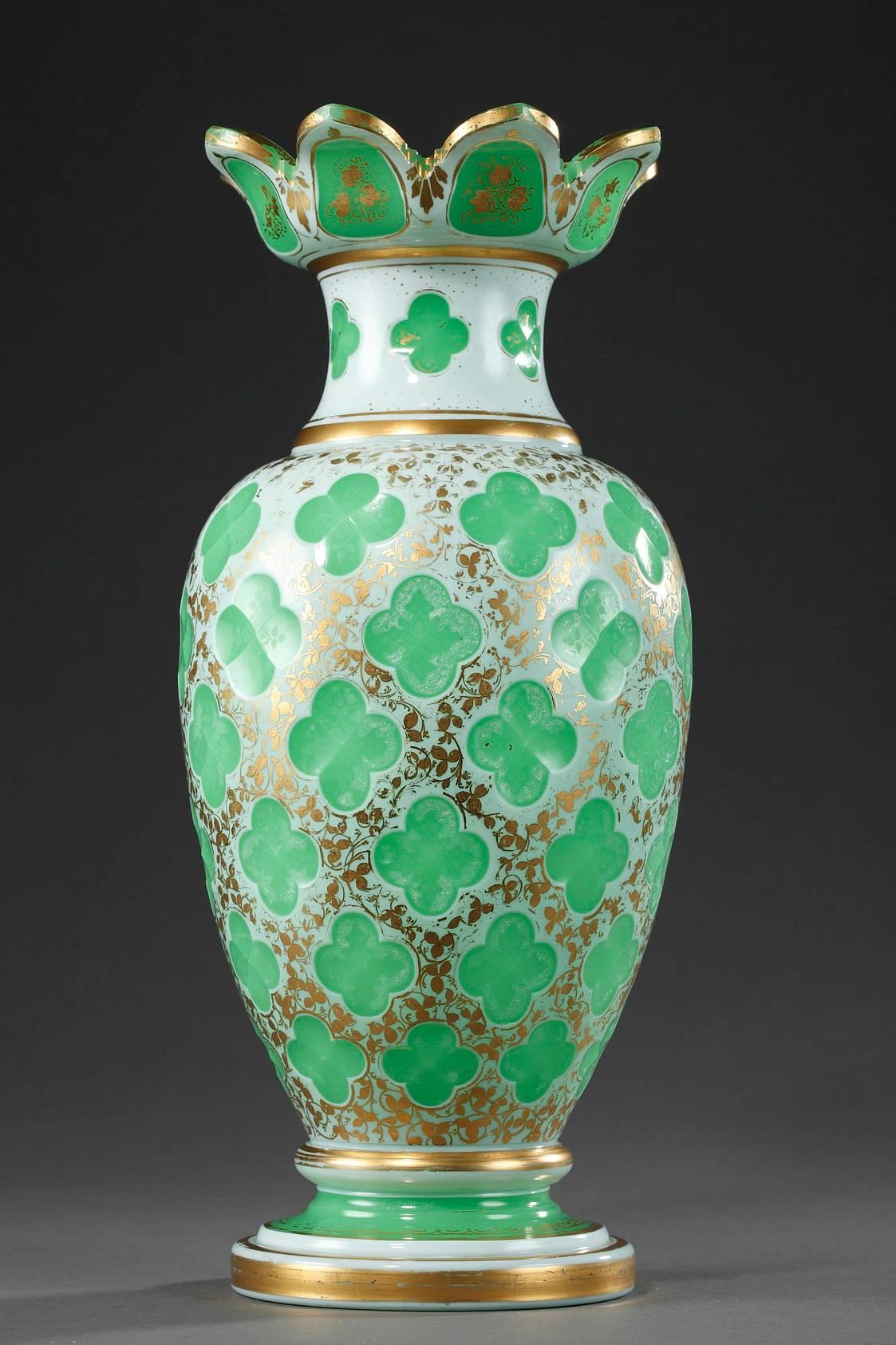 Opaline Glass Pair of Napoleon III Vases in Opaline Overlay