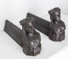 Pair of Napoléon III Wrought Iron Andirons Bust Woman Braids France, circa 1890