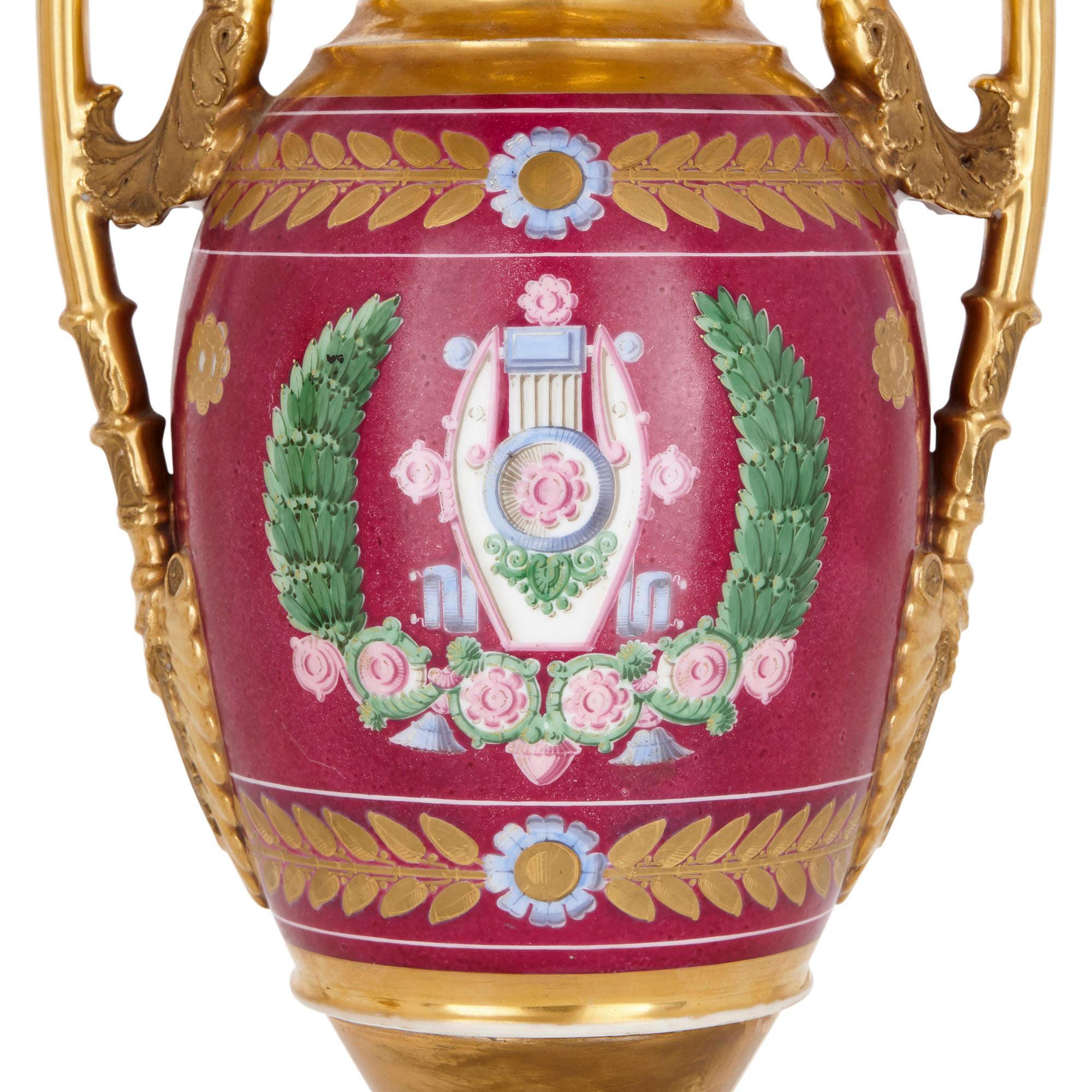 Gilt Pair of Napoleonic Period Porcelain Vases For Sale