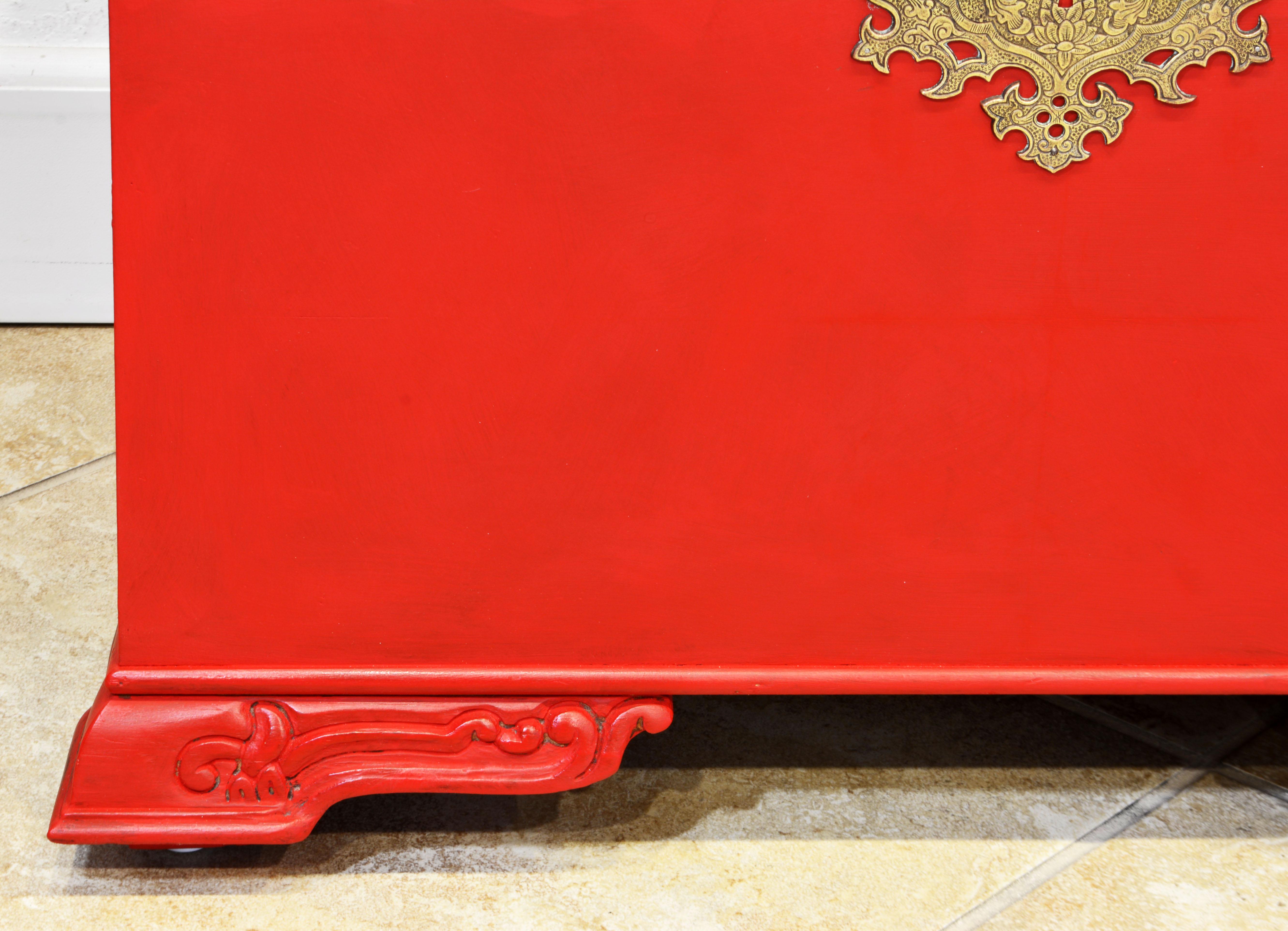 Brass Pair of Narra/ Baul Style Mid 20th Cent. Lacquered Footed Chest or Side Tables