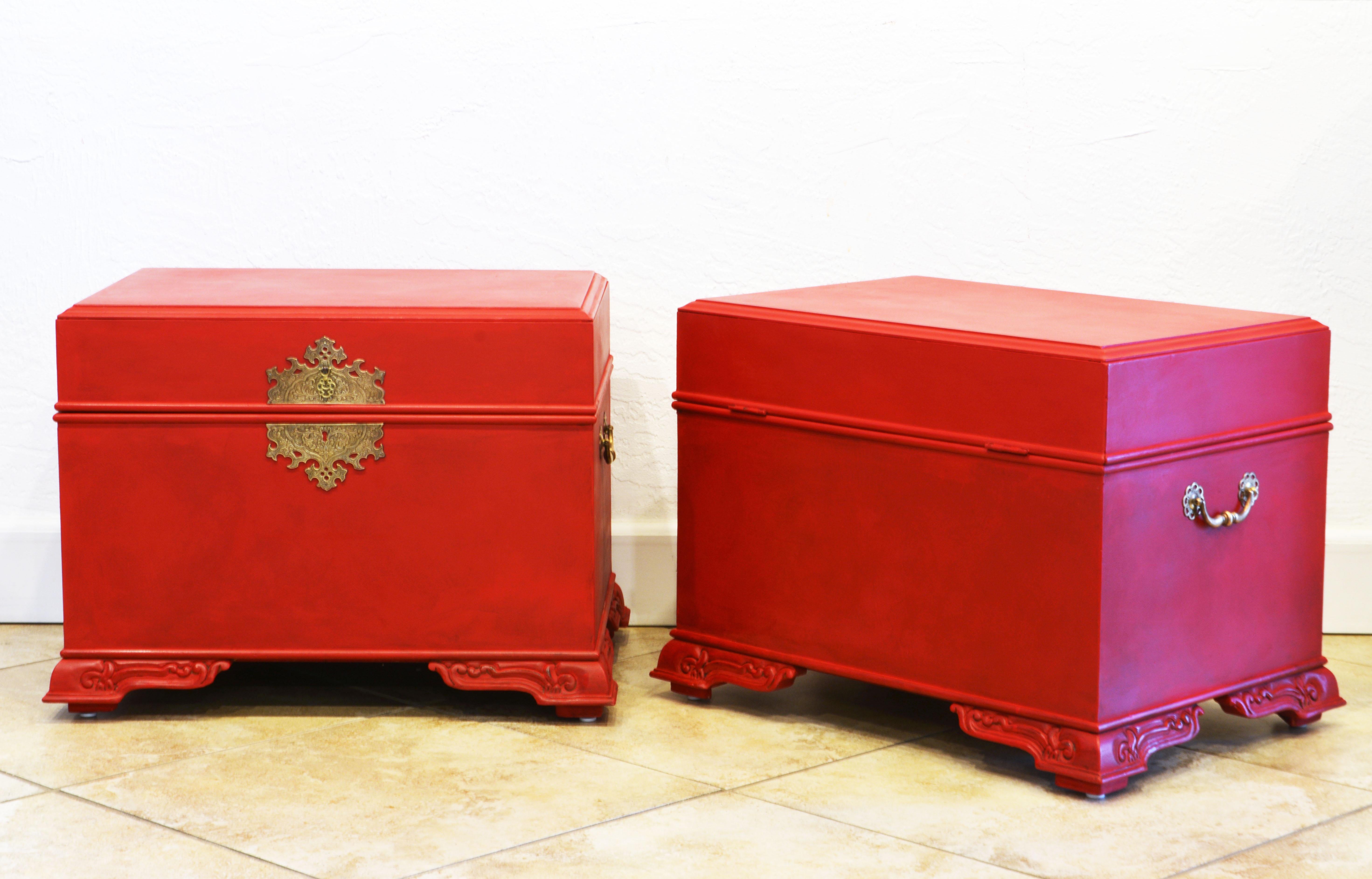 Chinoiserie Pair of Narra/ Baul Style Mid 20th Cent. Lacquered Footed Chest or Side Tables For Sale