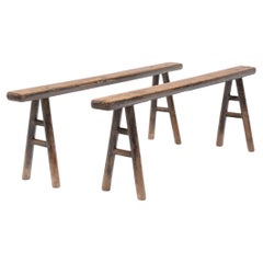 Pair of Narrow Chinese Splayed Leg Benches, 19th Century