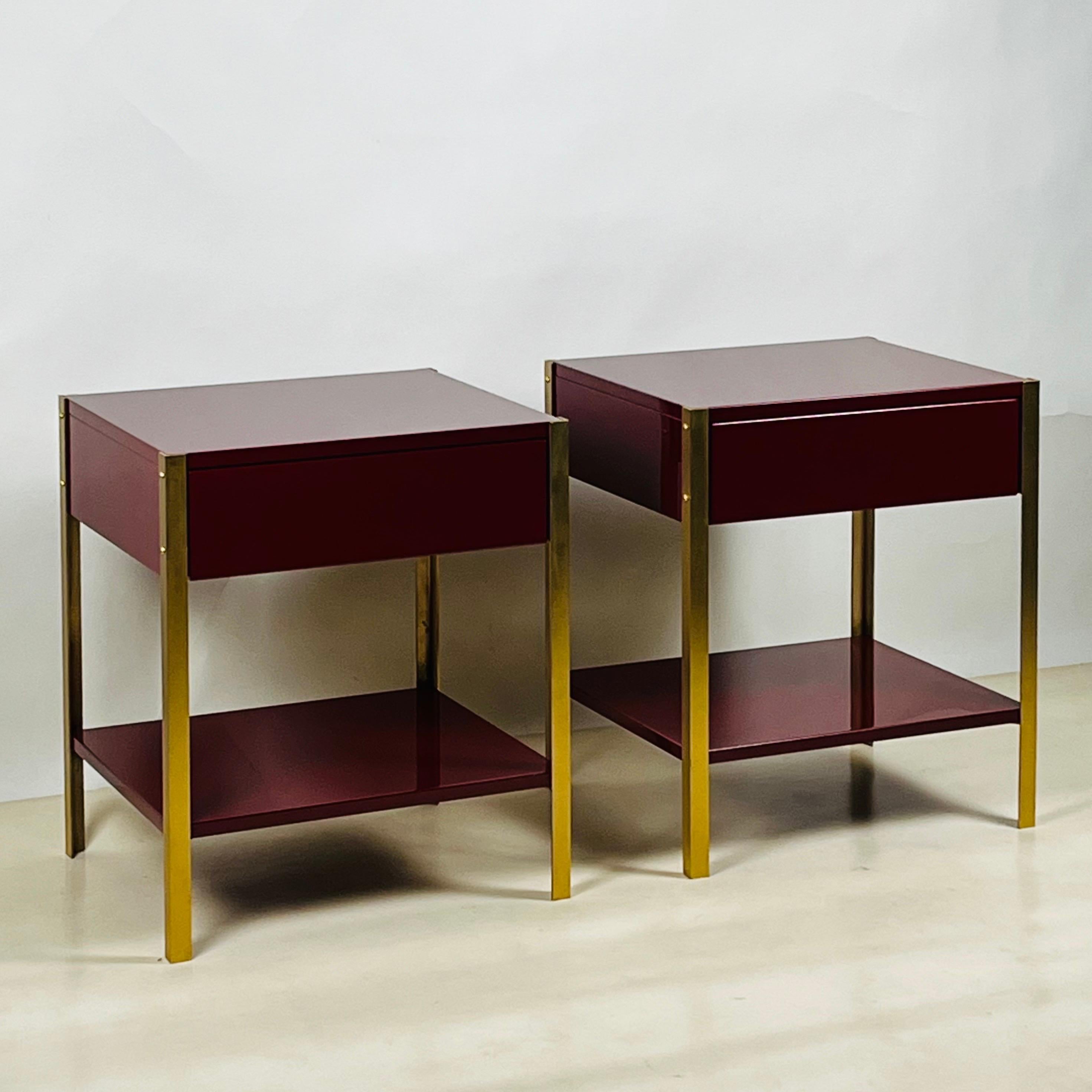 Modern Pair of Narrow 'Laque' Oxblood Lacquer and Brass Night Stands by Design Frères For Sale