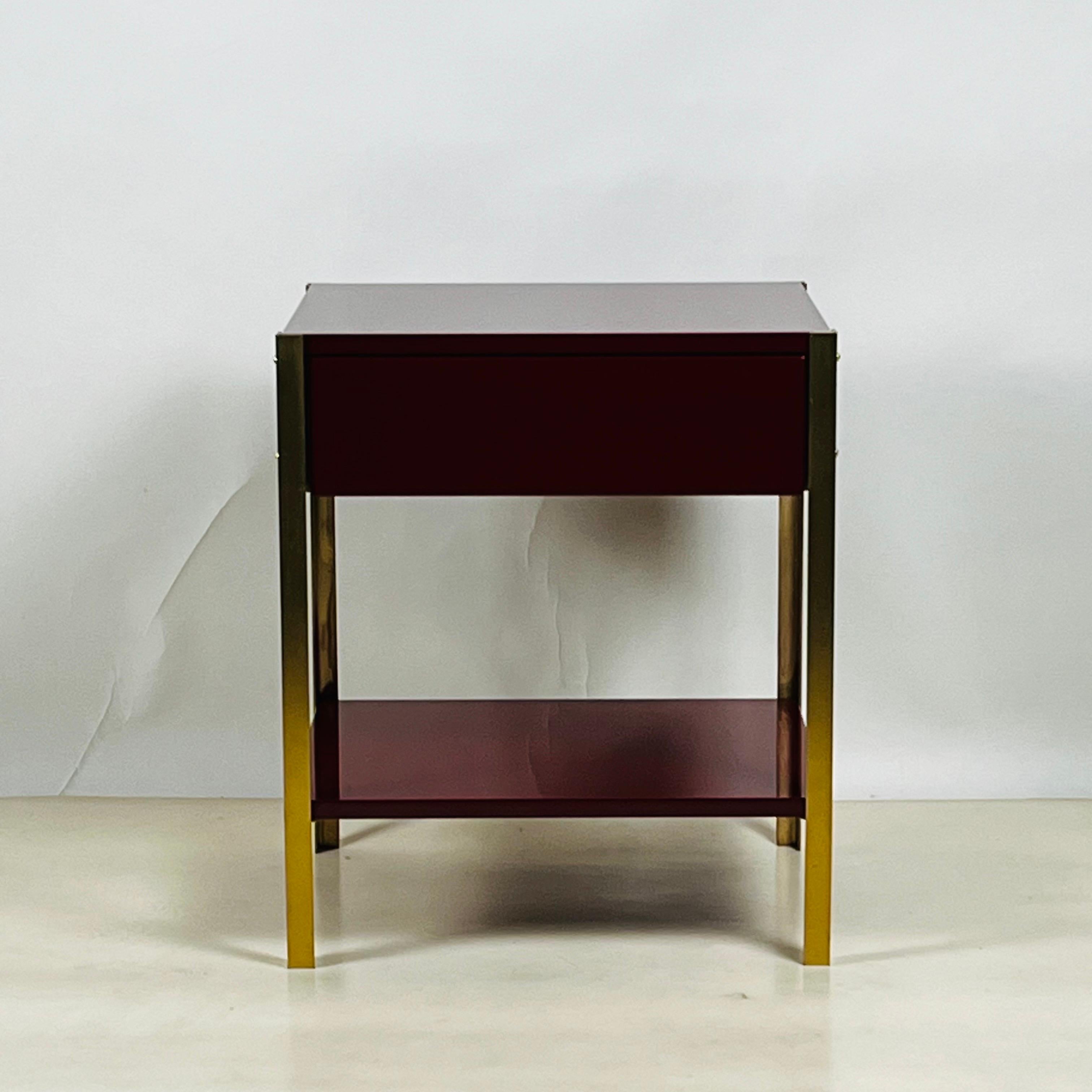 Brushed Pair of Narrow 'Laque' Oxblood Lacquer and Brass Night Stands by Design Frères For Sale