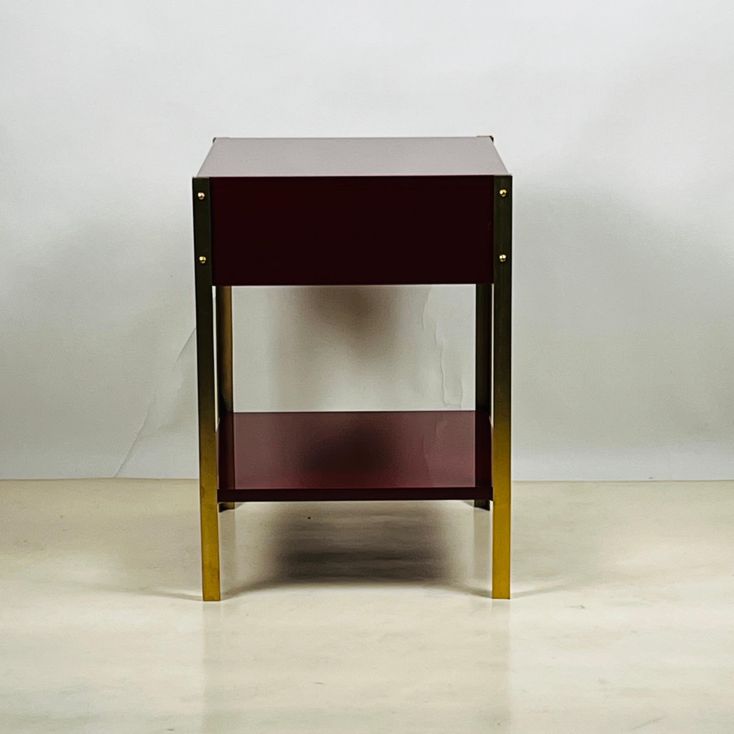 Pair of Narrow 'Laque' Oxblood Lacquer and Brass Night Stands by Design Frères In New Condition For Sale In Los Angeles, CA