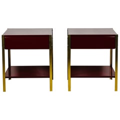 Pair of Narrow 'Laque' Oxblood Lacquer and Brass Night Stands by Design Frères