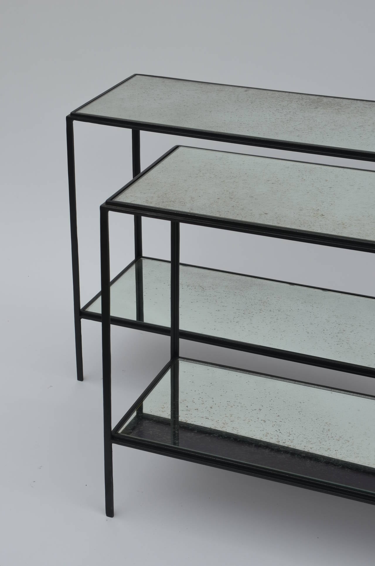 Modern Pair of Narrow 'Rectiligne' Mirrored Wrought Iron End Tables by Design Frères