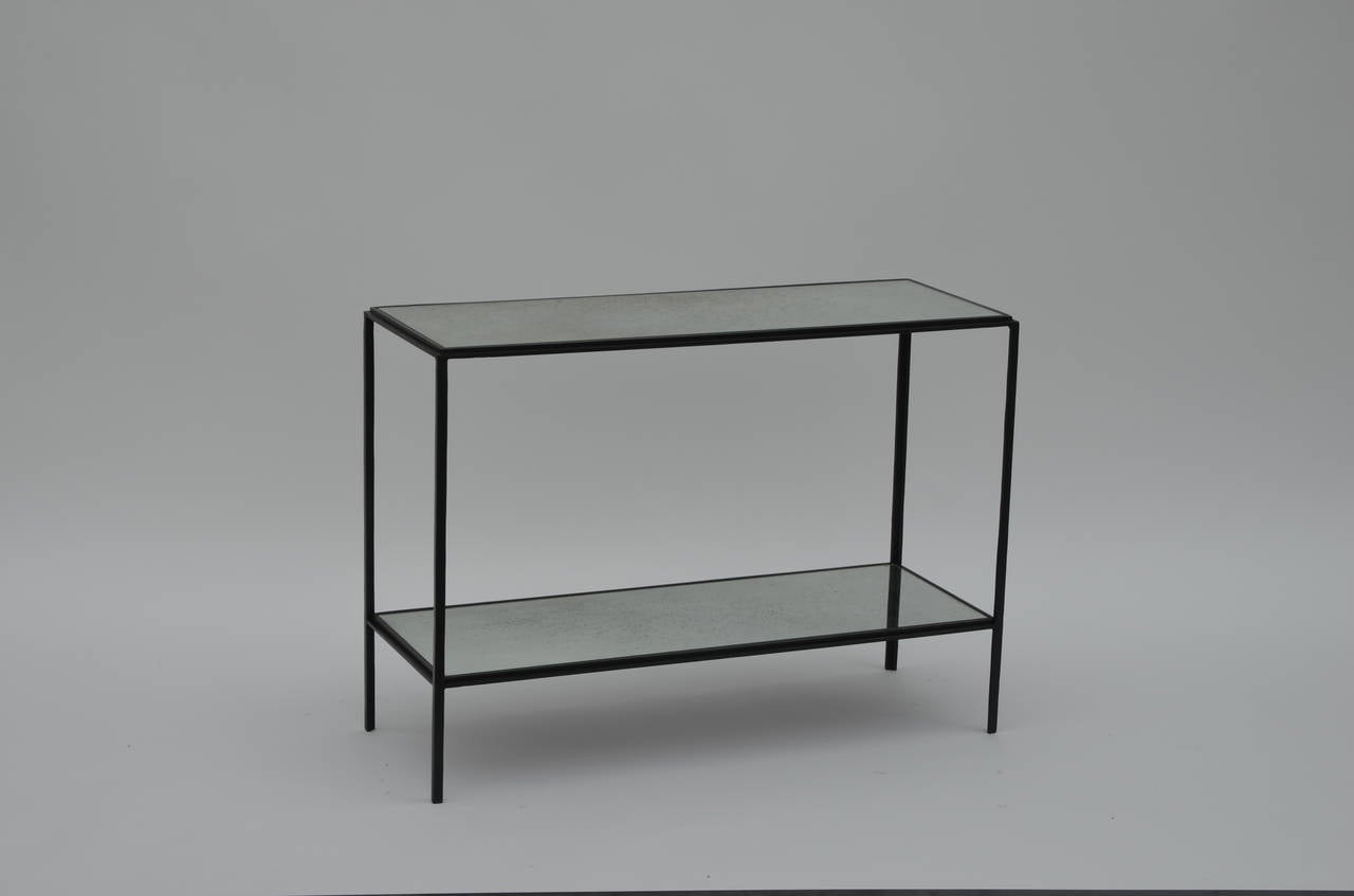 Patinated Pair of Narrow 'Rectiligne' Mirrored Wrought Iron End Tables by Design Frères