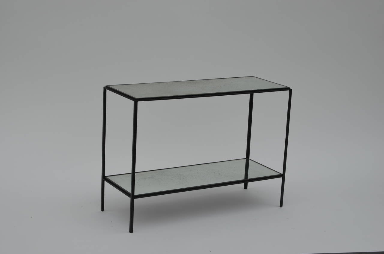 Pair of Narrow 'Rectiligne' Mirrored Wrought Iron End Tables by Design Frères In Excellent Condition In Los Angeles, CA