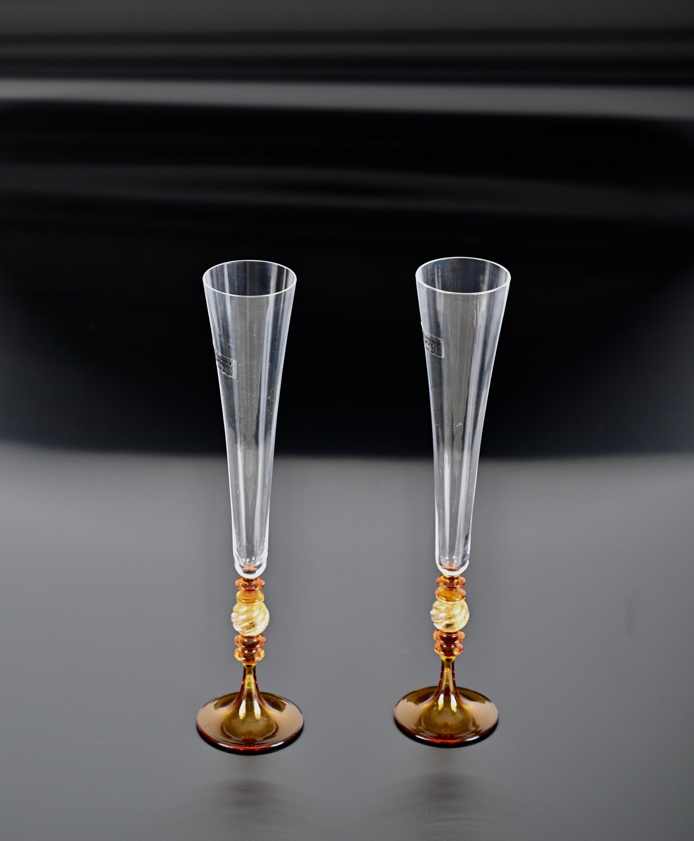 Mid-Century Modern Pair of Nason and Moretti Murano Glass, Amber and Gold Italian Goblets, 1980s For Sale
