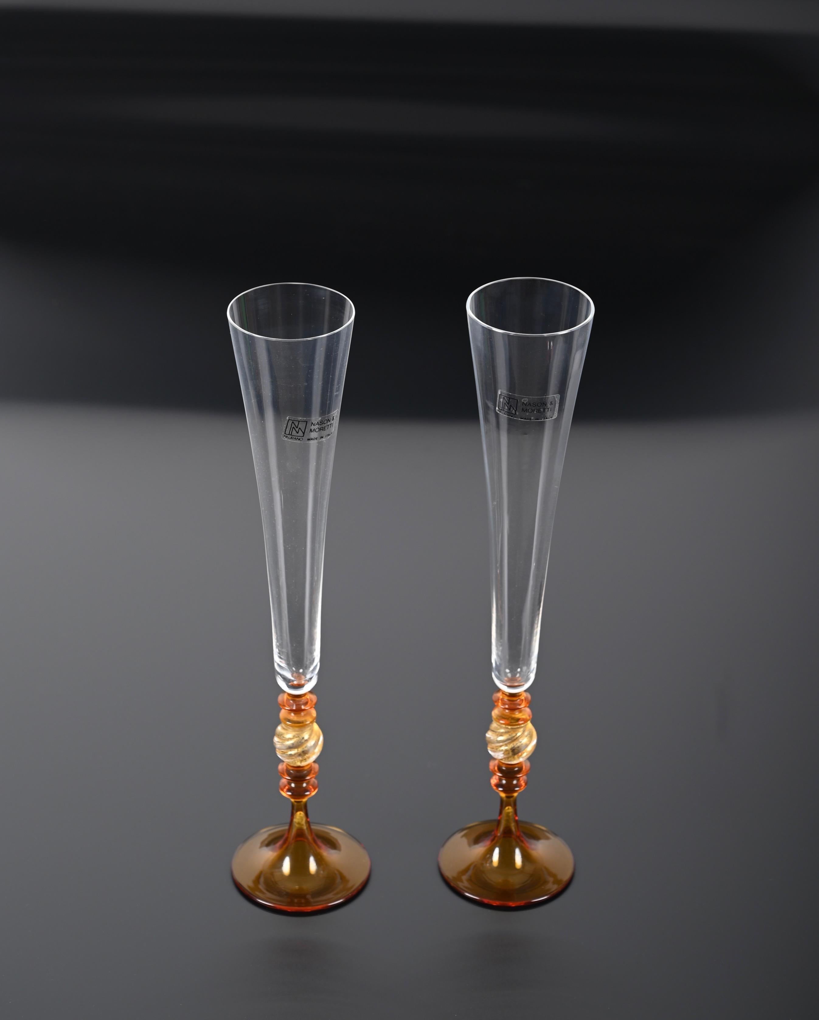 20th Century Pair of Nason and Moretti Murano Glass, Amber and Gold Italian Goblets, 1980s For Sale