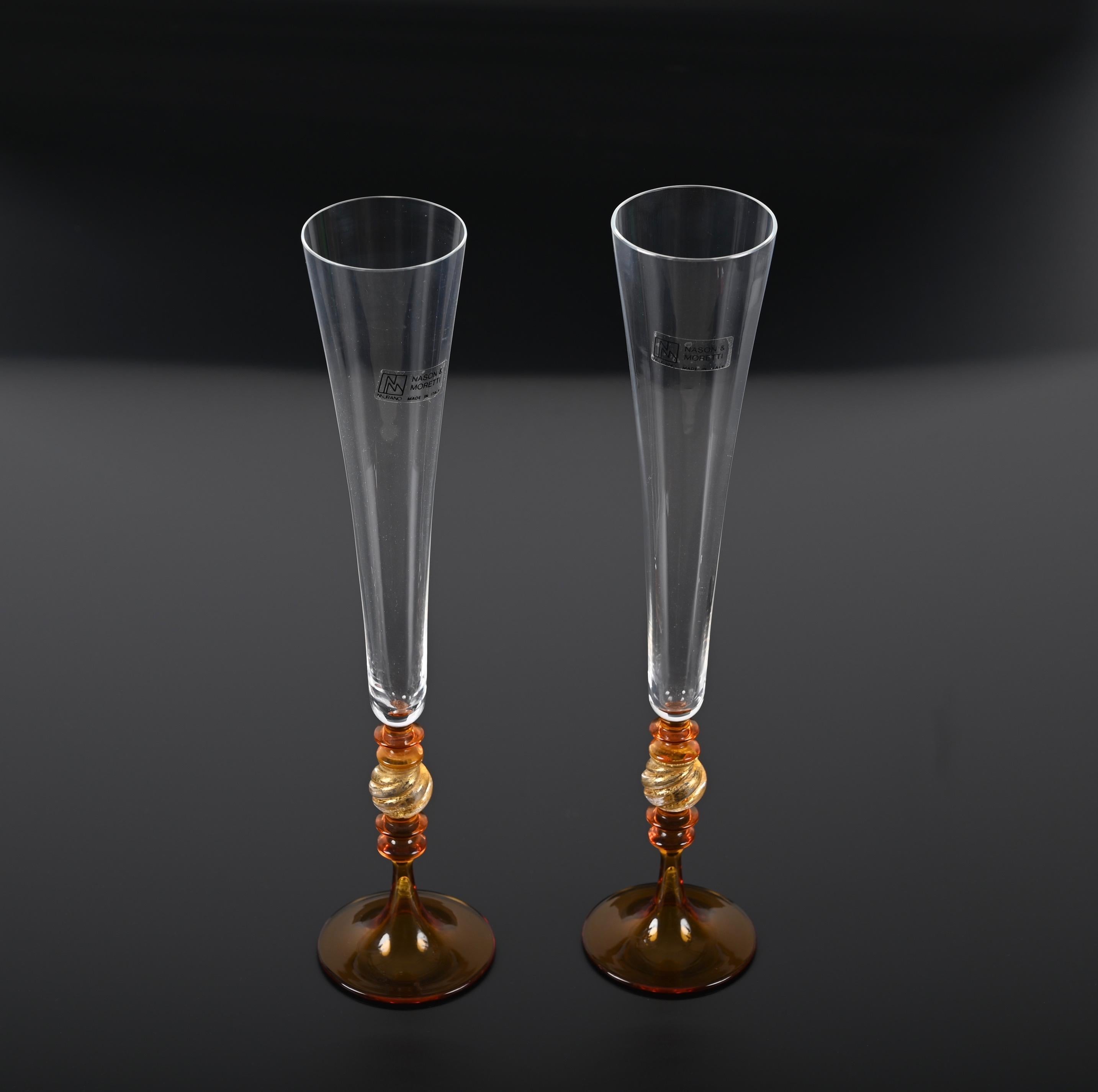 Pair of Nason and Moretti Murano Glass, Amber and Gold Italian Goblets, 1980s For Sale 1