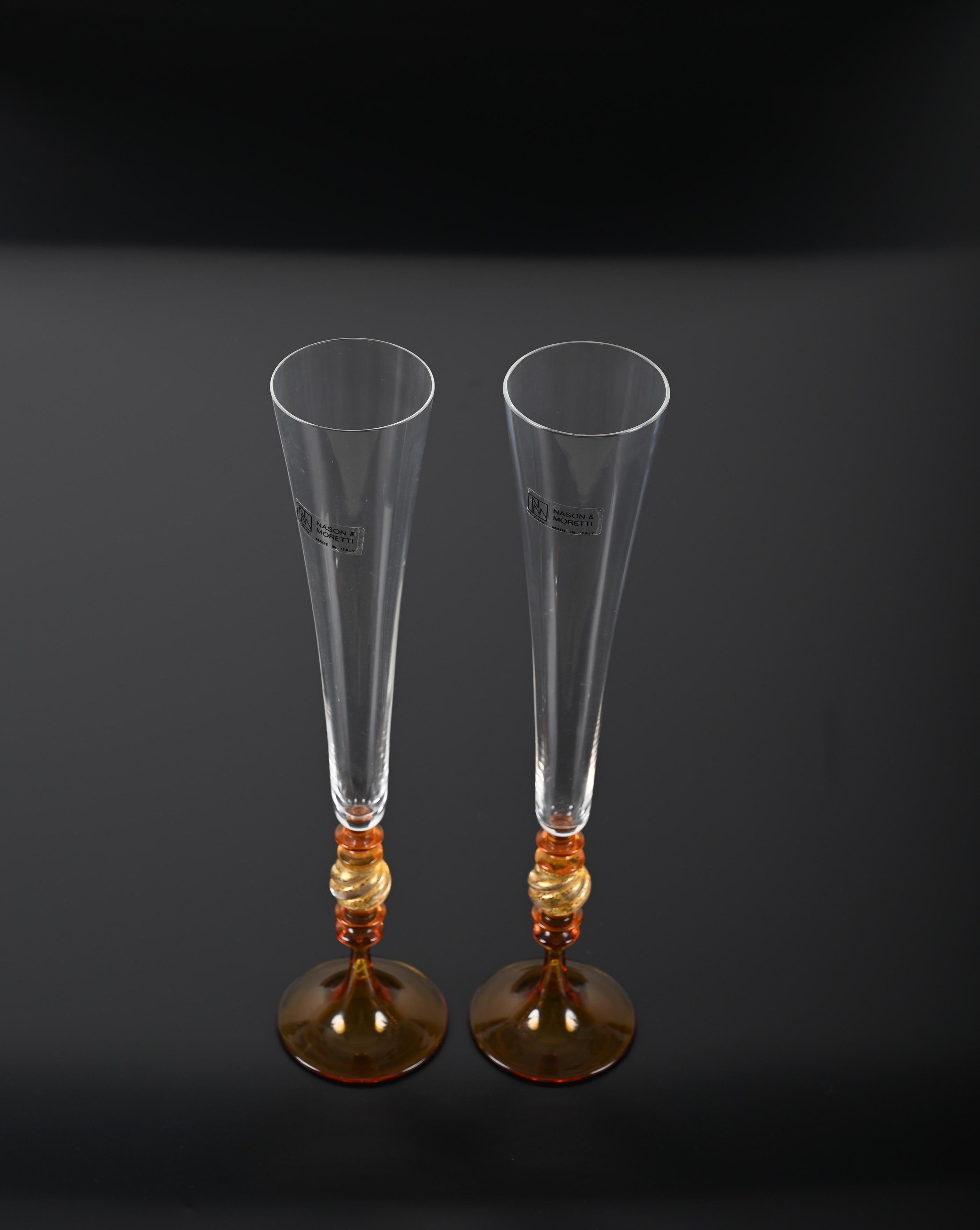 Pair of Nason and Moretti Murano Glass, Amber and Gold Italian Goblets, 1980s For Sale 2