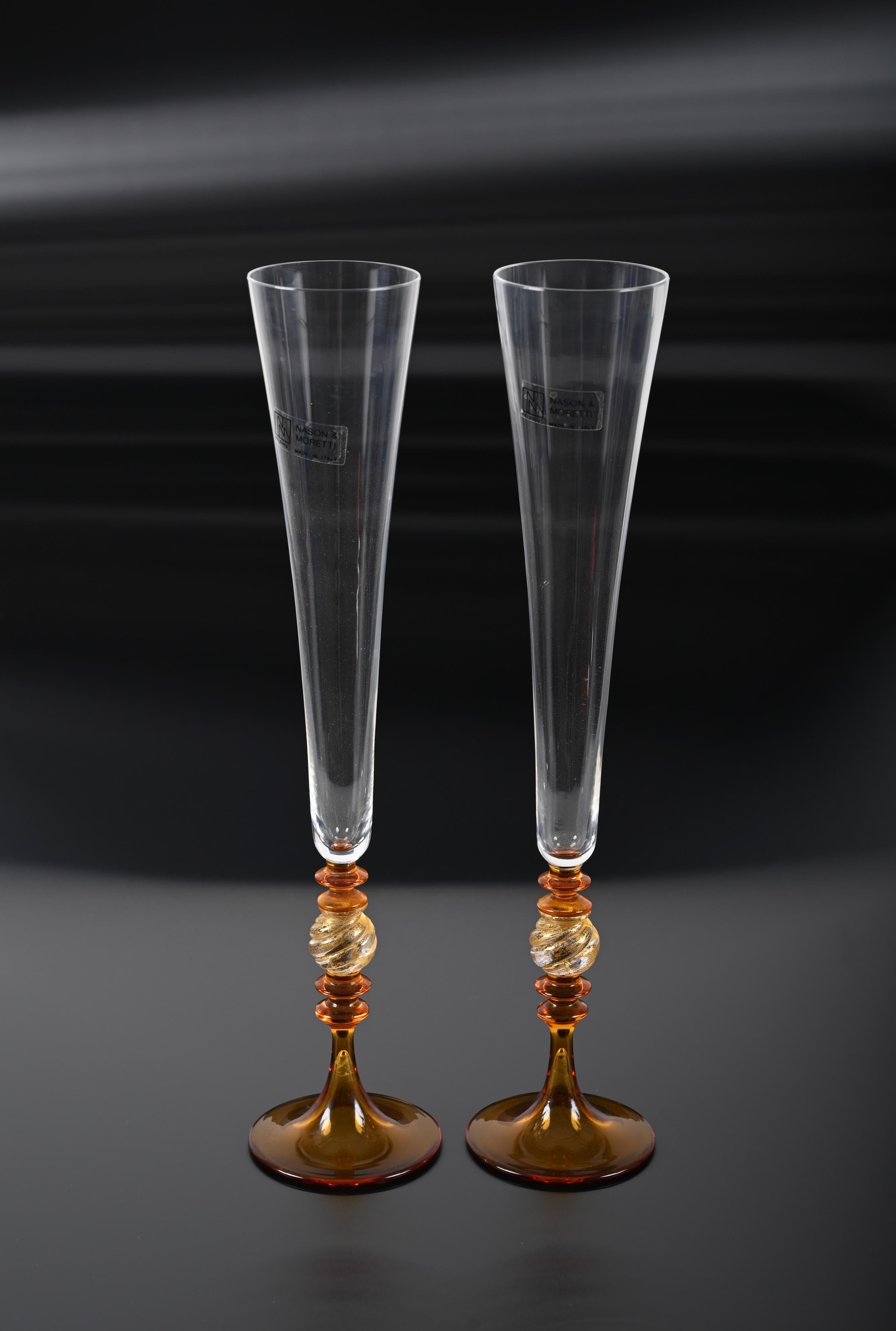 Pair of Nason and Moretti Murano Glass, Amber and Gold Italian Goblets, 1980s For Sale 3