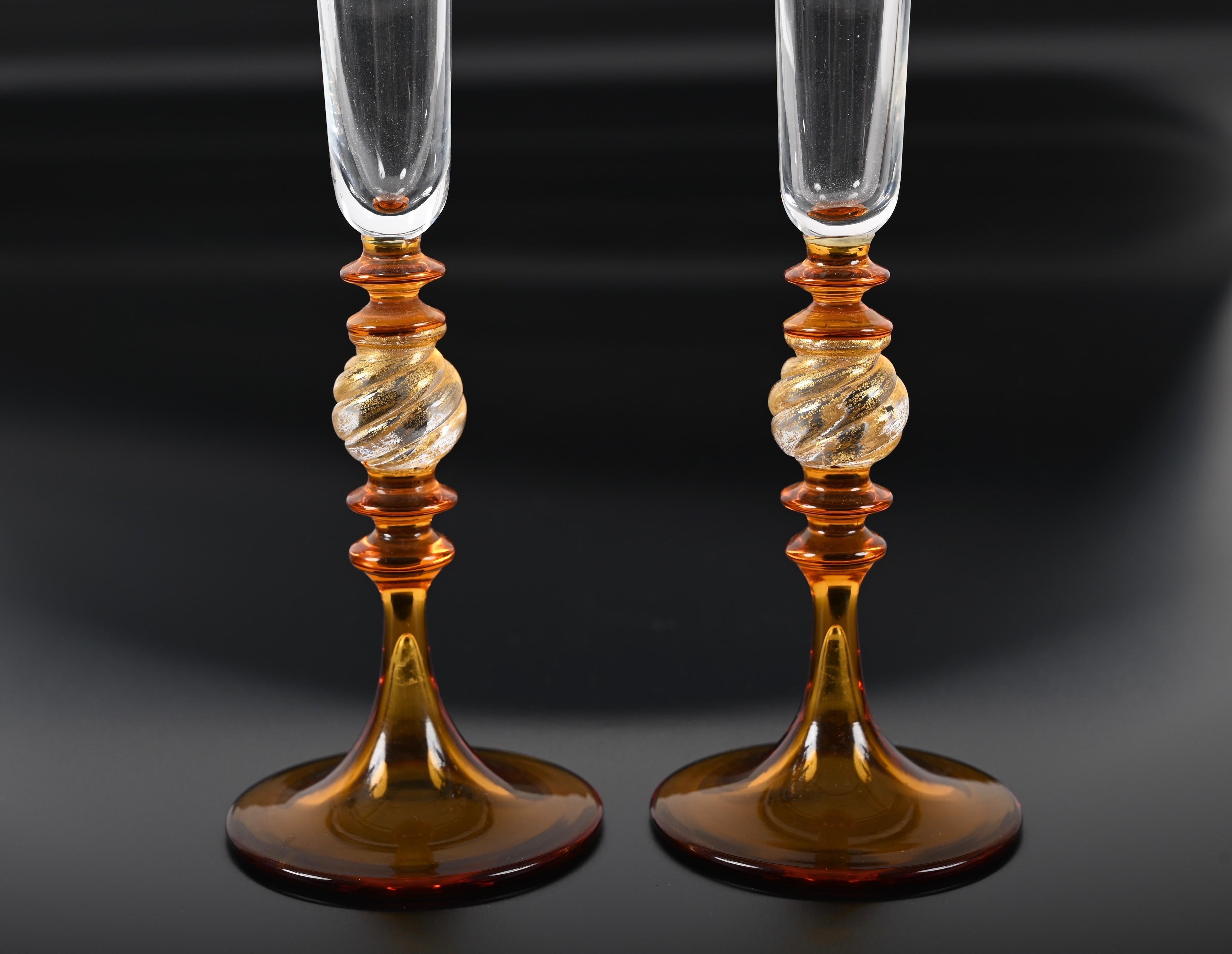 Pair of Nason and Moretti Murano Glass, Amber and Gold Italian Goblets, 1980s For Sale 4
