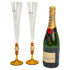 Pair of Nason and Moretti Murano Glass, Amber and Gold Italian Goblets, 1980s