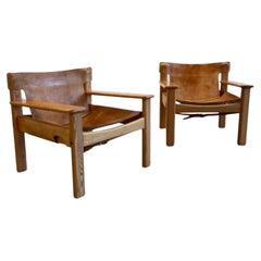 Pair of “Natura” Lounge Chairs in Leather and Pine by Karin Mobring, 1970s