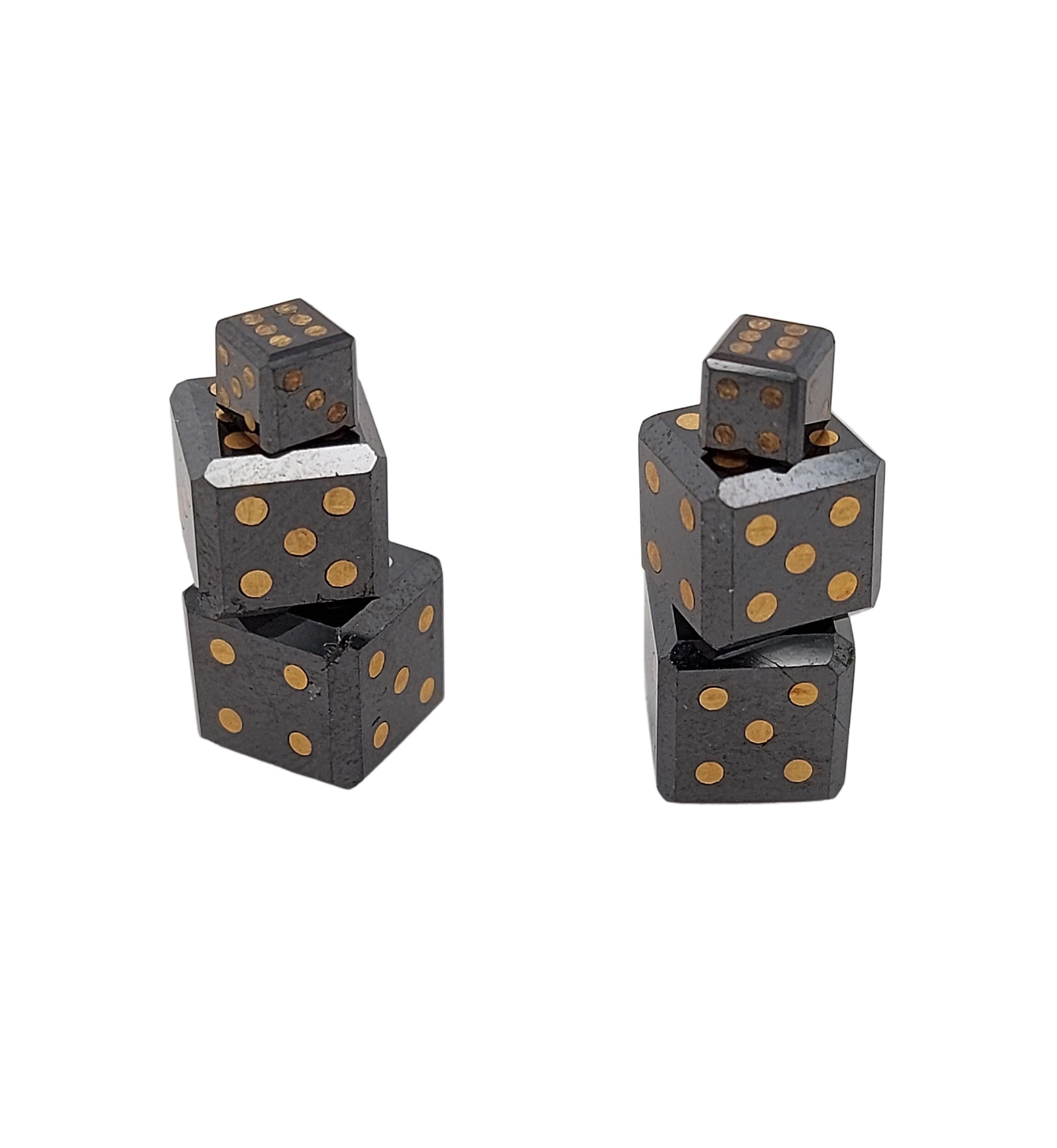 Square Cut Pair of Natural 2, 17 Carat Black Diamond Cubes / Dice with Gold Inlay For Sale