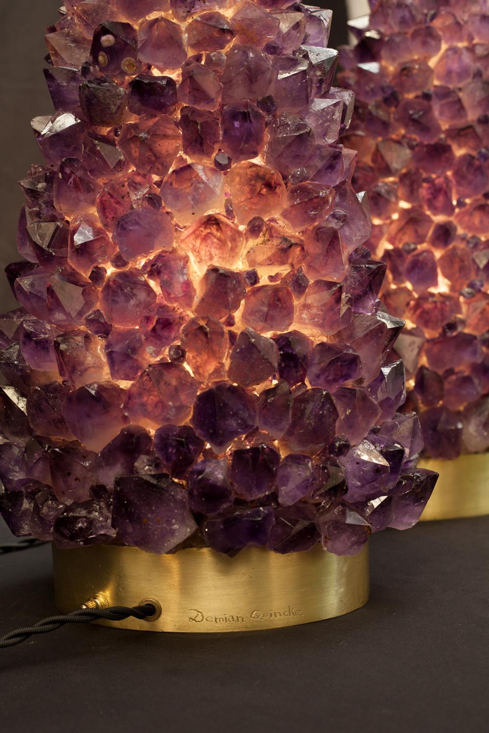 Brazilian Pair of Natural Amethyst Table Lamps, Signed by Demian Quincke