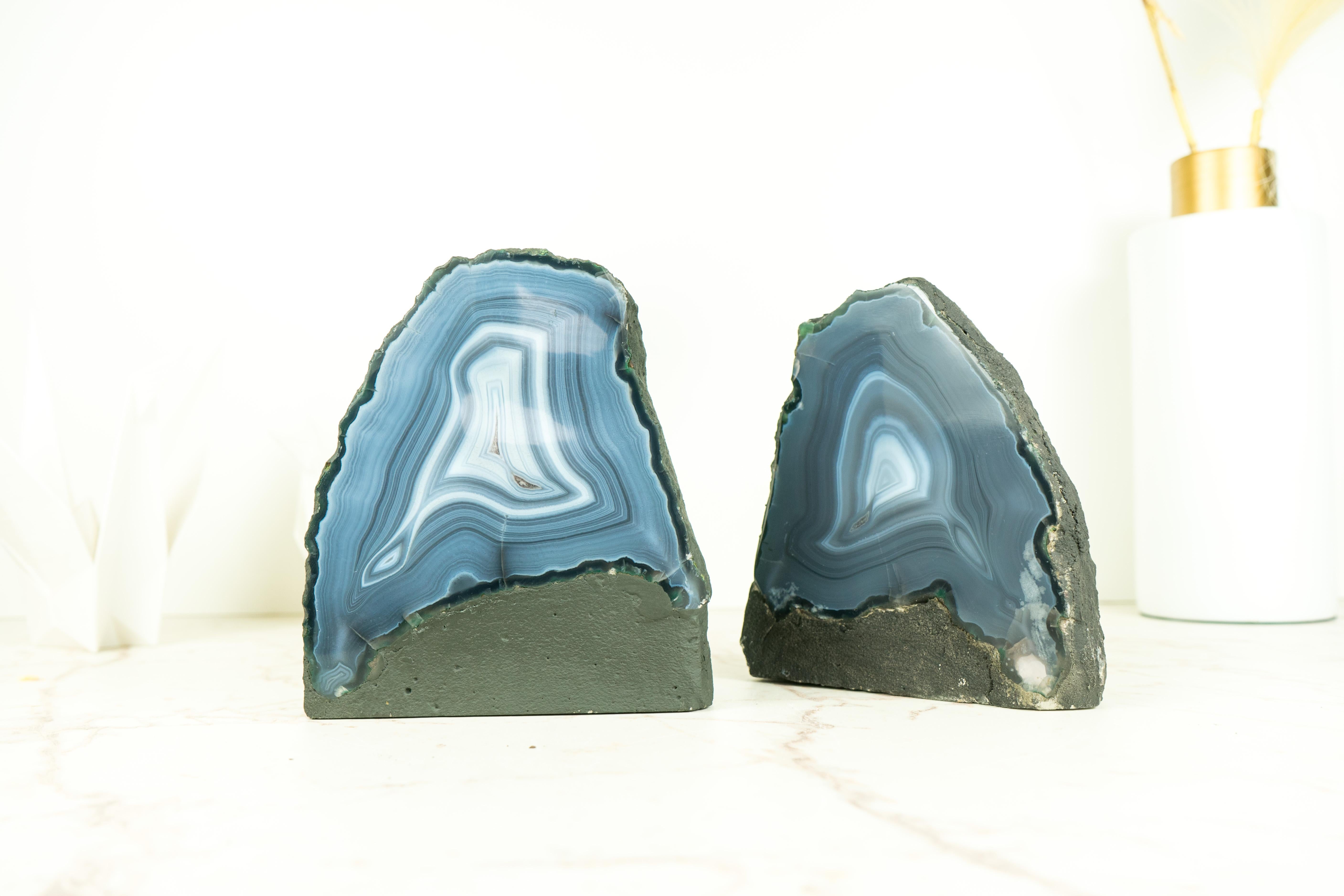 Brazilian Pair of Natural Blue Lace Agate Geodes with White and Blue Agate Laces For Sale